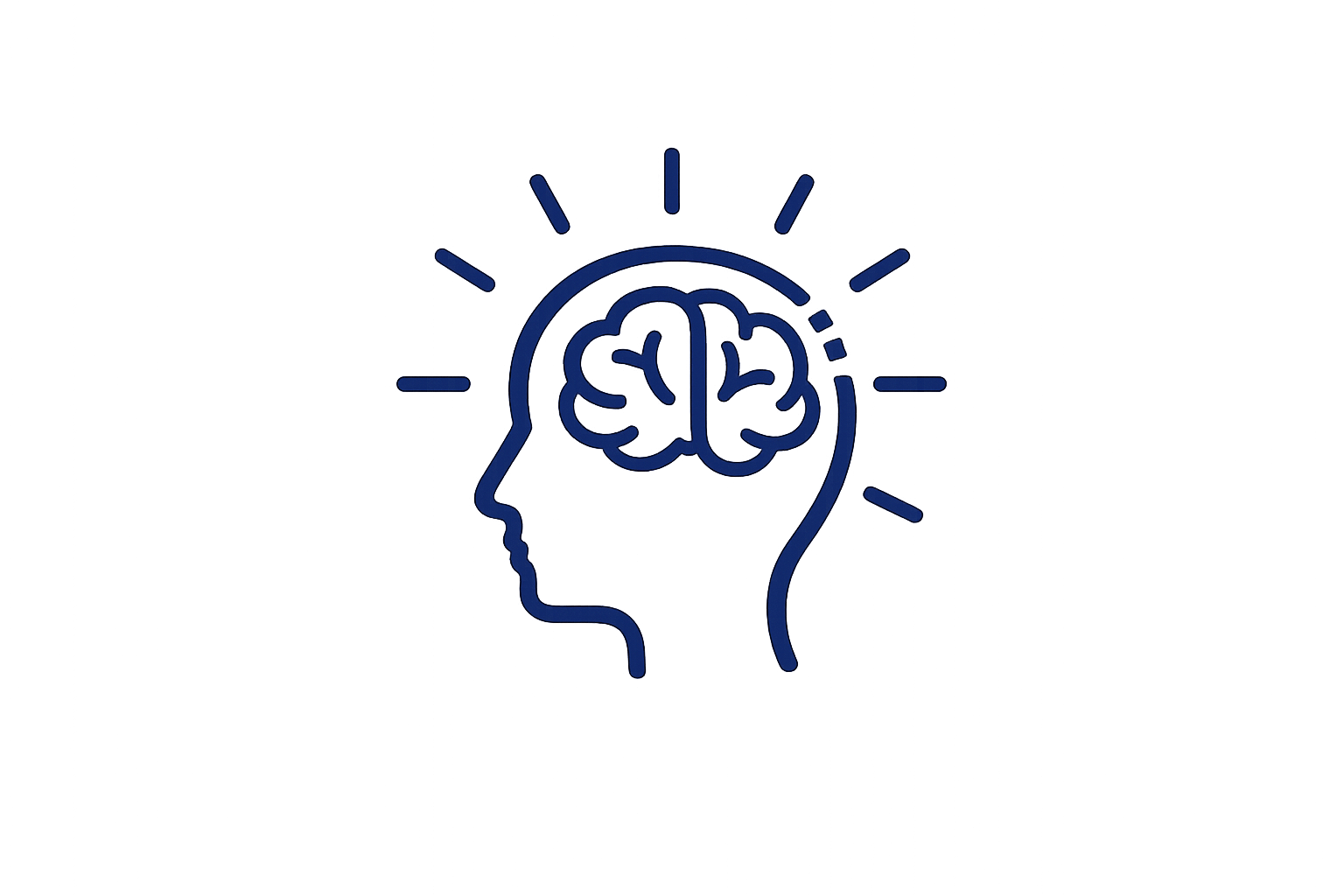 Outline of a human face with a brain inside it, rays radiating outward, representing ideas or thinking