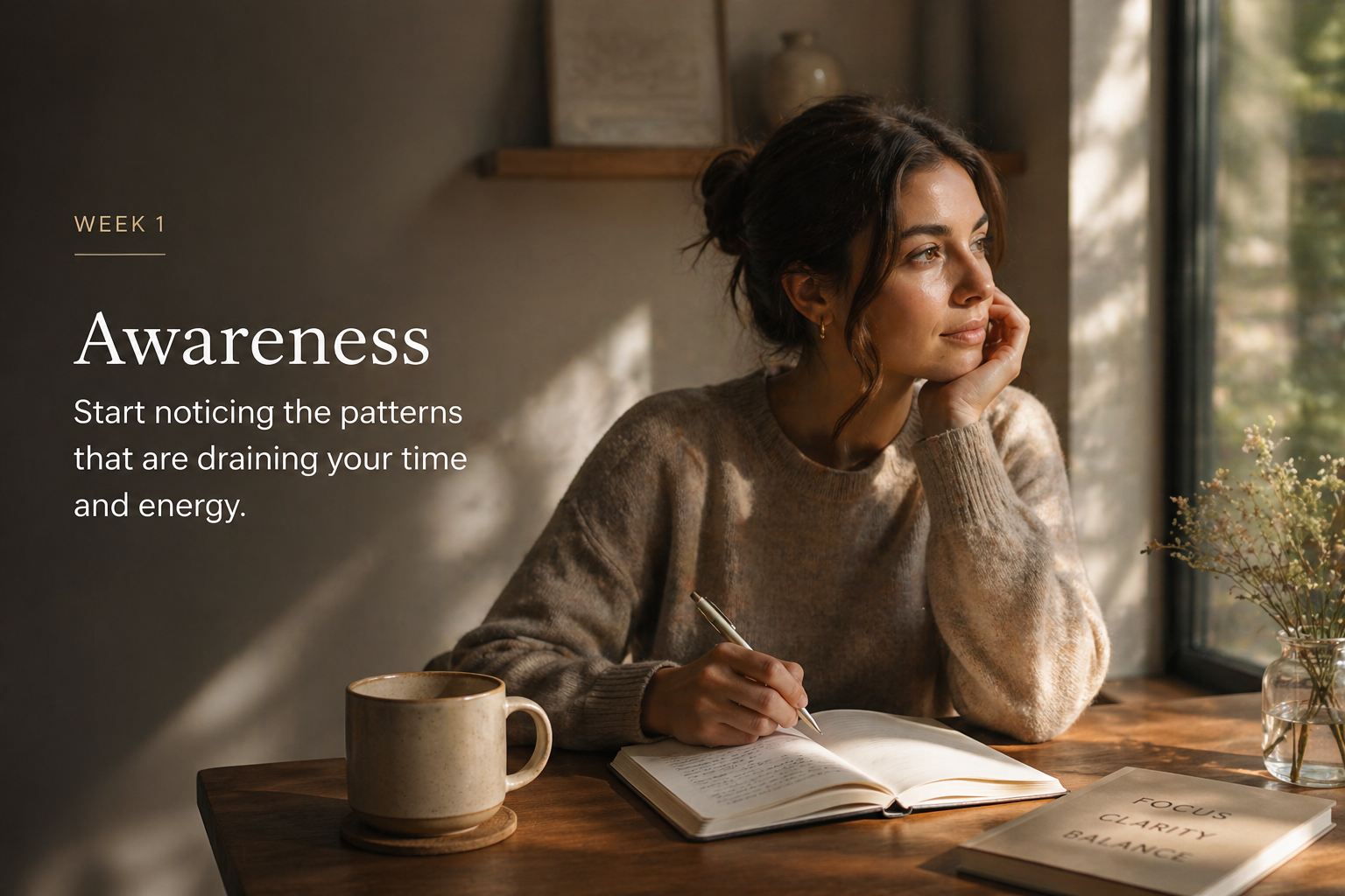 A woman sitting at a table with a notebook and a book titled 'Focus Clarity Balance', looking out the window, during daytime, with natural light.
