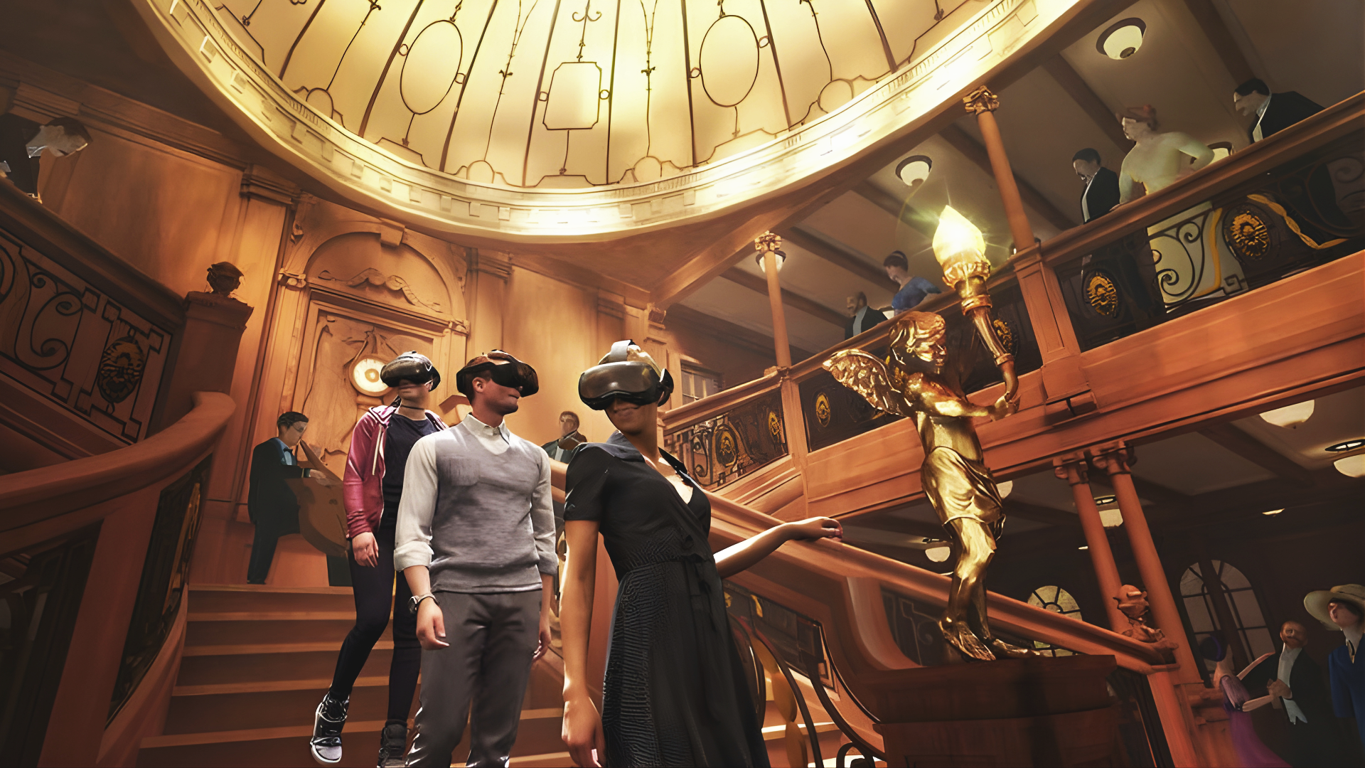 Multiple people wearing virtual reality headsets standing on and near a grand wooden staircase inside a luxurious, gold-accented building with ornate decor and a large domed ceiling.