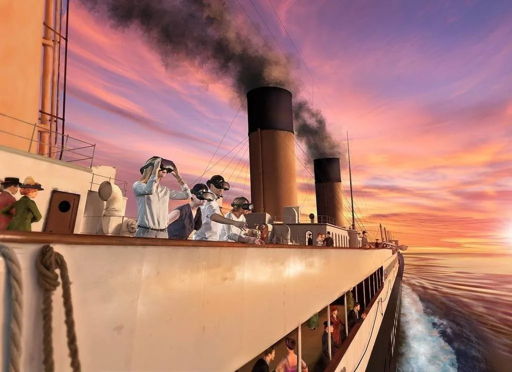 People on the deck of the Titanic wearing VR headsets and looking through binoculars as they set sail during sunset.