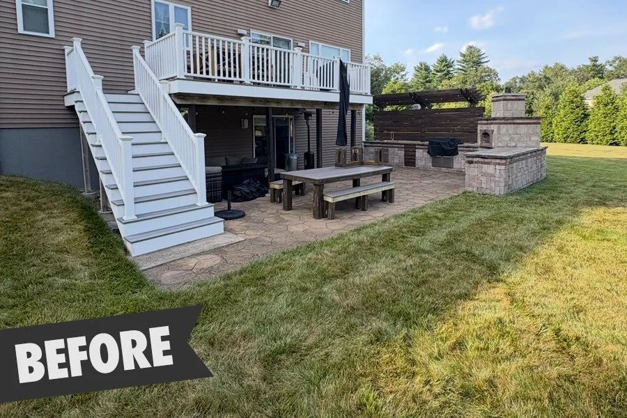 Client requested new, larger patio space with improved drainage and grading.