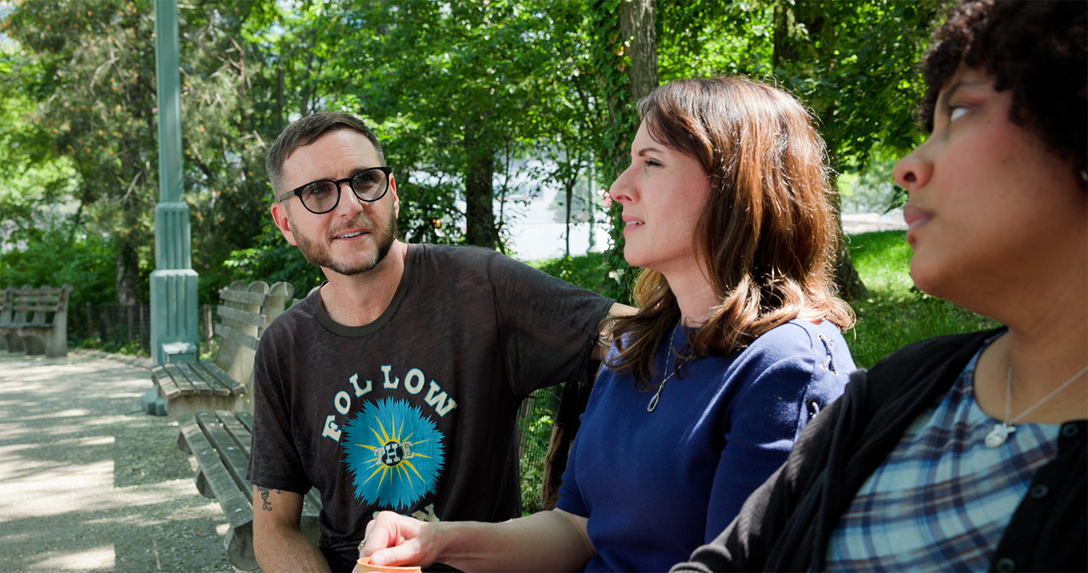 Ryan McWilliams, Arianne Warner, and Joe Marano in MEDITATION CLUB.