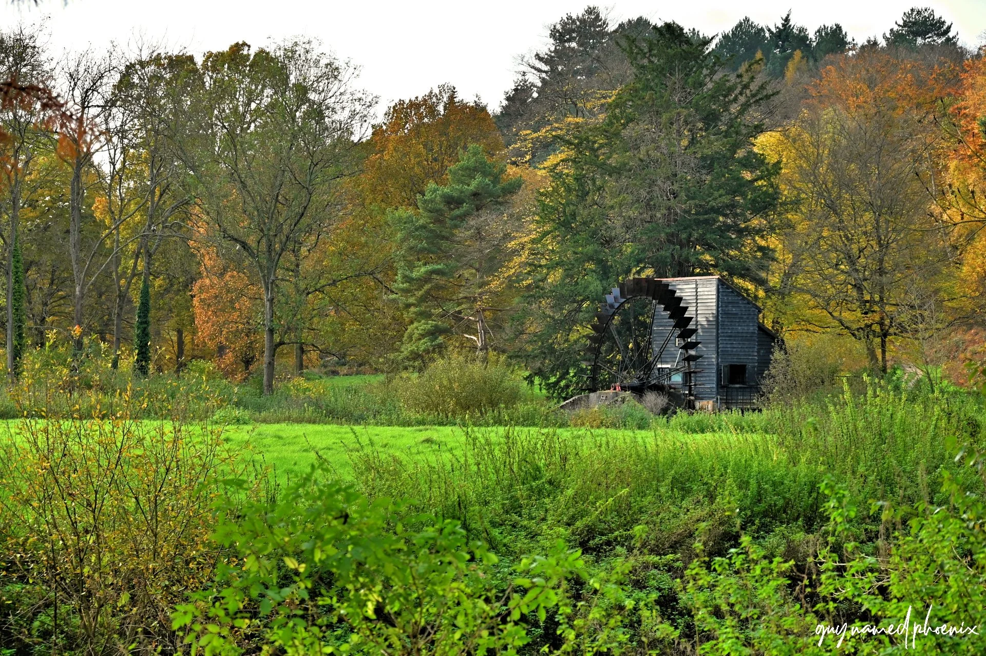 An old wooden water mill on a green field surrounded by trees with autumn foliage.