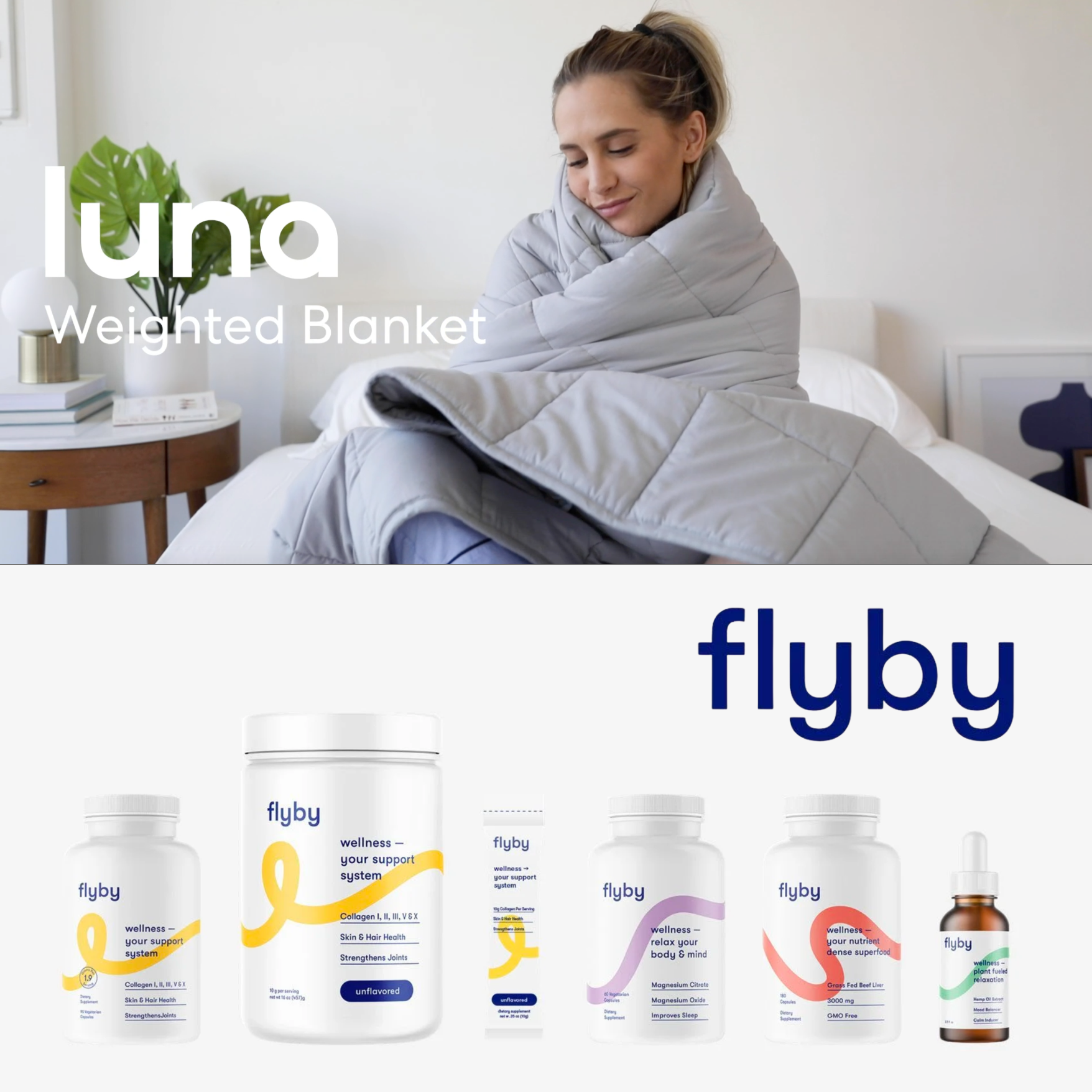 A woman sitting on a bed wrapped in a gray weighted blanket, with a bedside table holding a lamp and books in the background, and a large plant nearby.