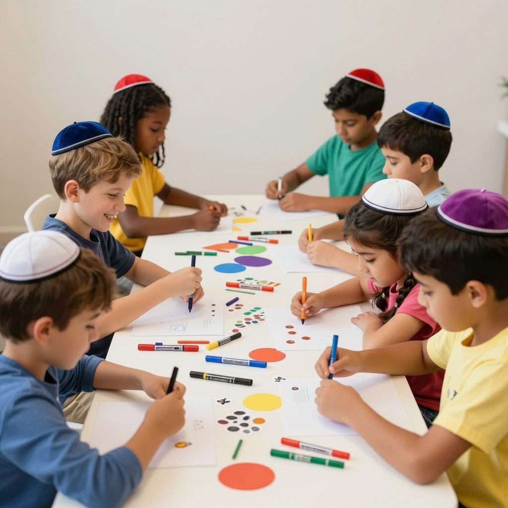 Group of children at a Bar Mitzvah, sitting at a table, drawing and coloring on papers, with various coloring markers and stickers, completing a craft activity at an alternative Bar Mitzvah.
