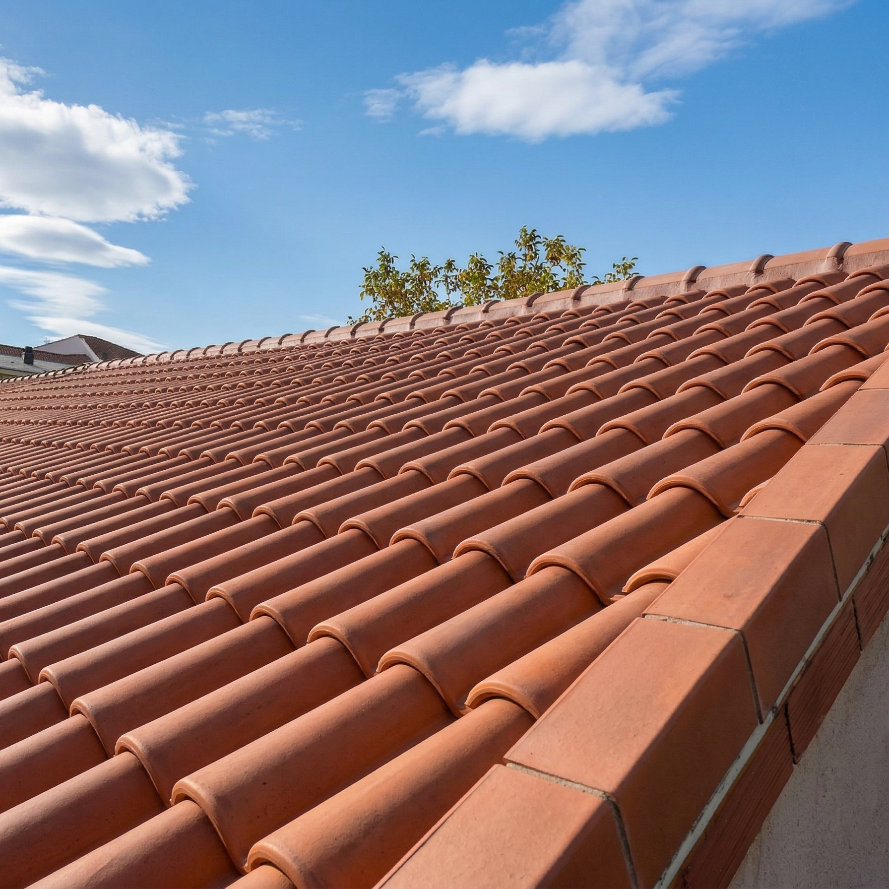 Close-up view of a terracotta tiled roof under a blue sky with clouds, with a tree visible in the background.
