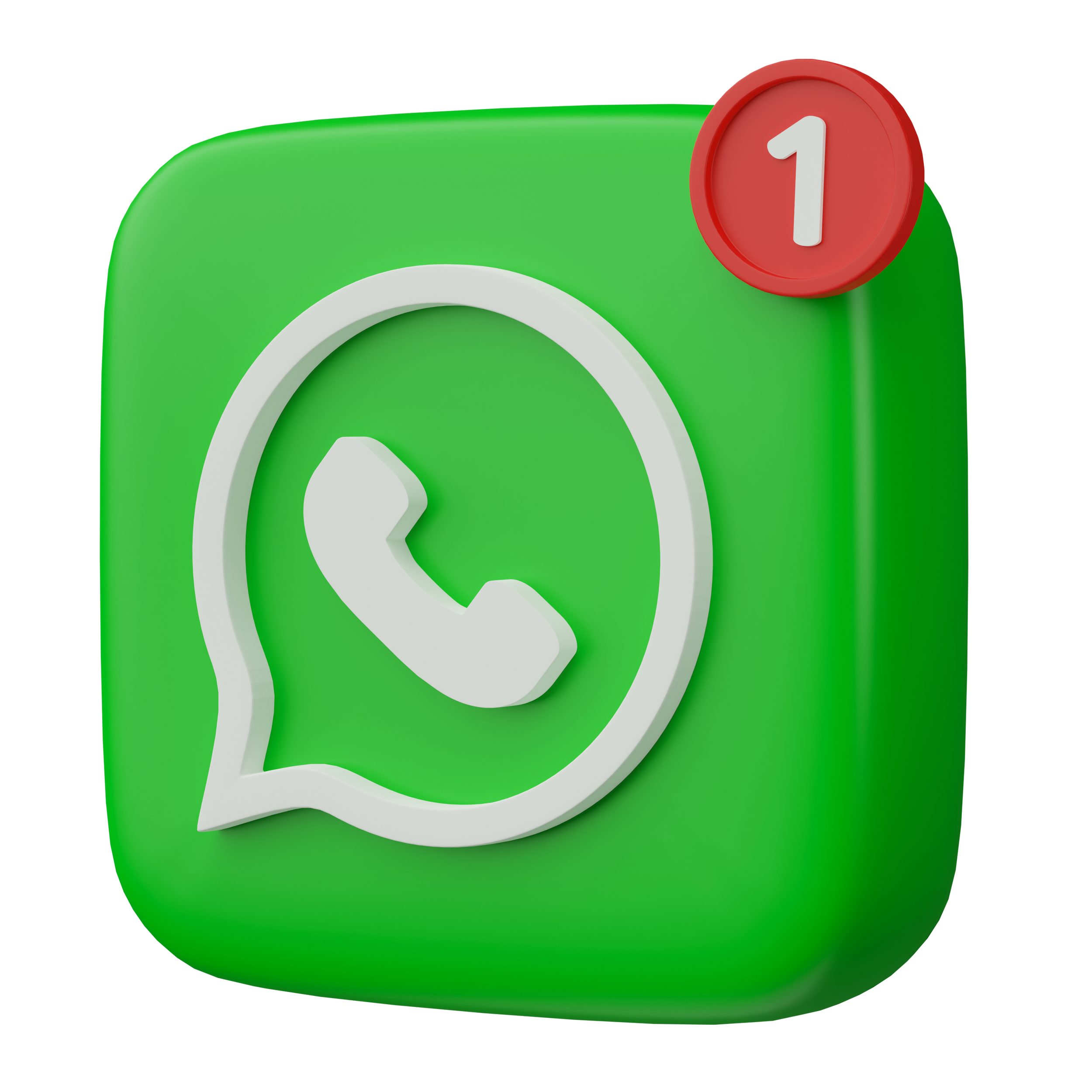 3D illustration of a green WhatsApp icon with a notification badge showing the number 1 in a red circle.