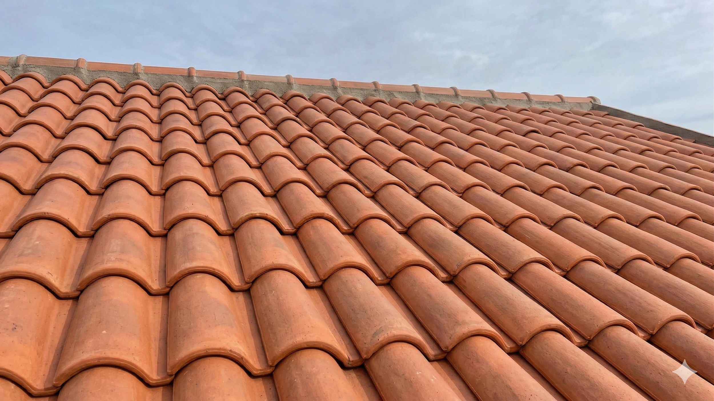 Close-up of a roof with curved orange terracotta tiles against a cloudy sky.