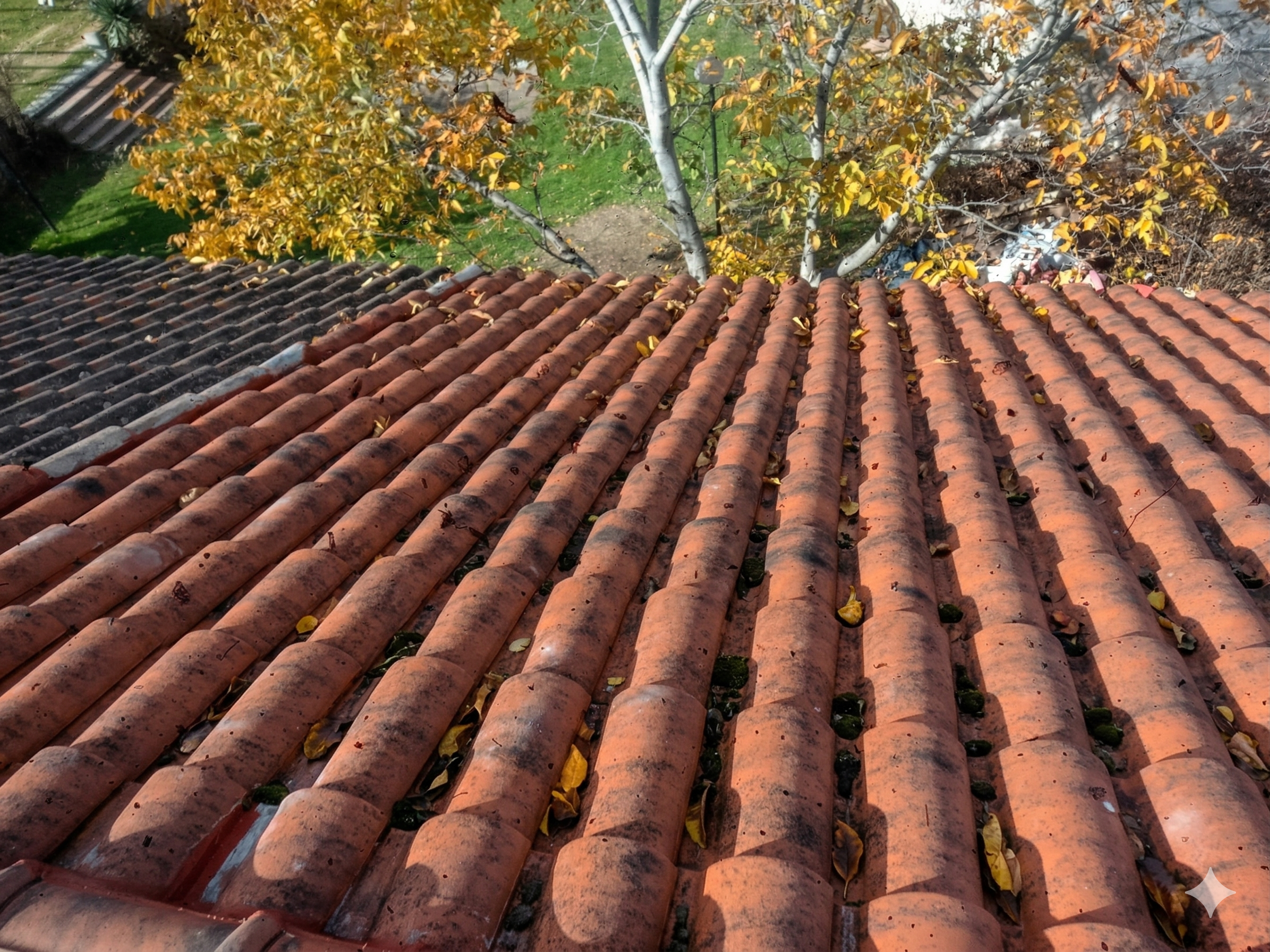 Tiled rooftop with fallen autumn leaves and a tree with yellow and orange leaves in the background.