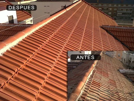 Comparison of a rooftop with old weathered tiles before and new, freshly installed terracotta tiles after renovation.