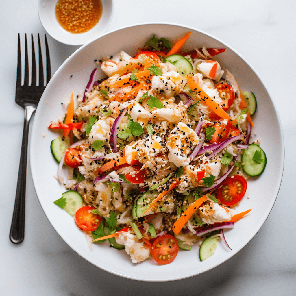 A plate of mixed vegetable and chicken salad topped with black sesame seeds, surrounded by cucumber and cherry tomato slices, with a small bowl of salad dressing on the side.