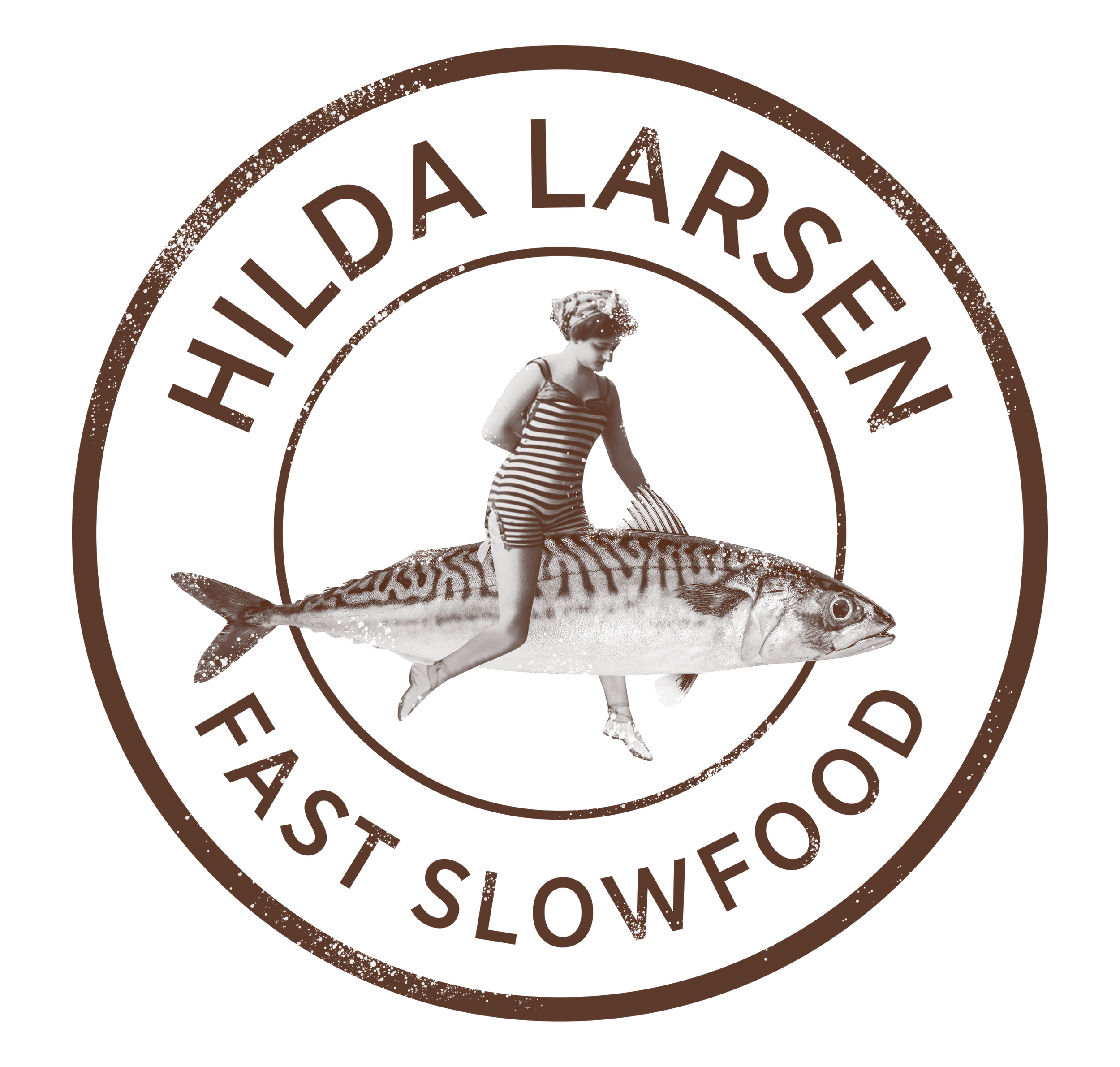 A logo with a circular border containing a woman in striped beachwear riding a large fish, with the text "The Largemouth Bass Slow Ed" around the border.