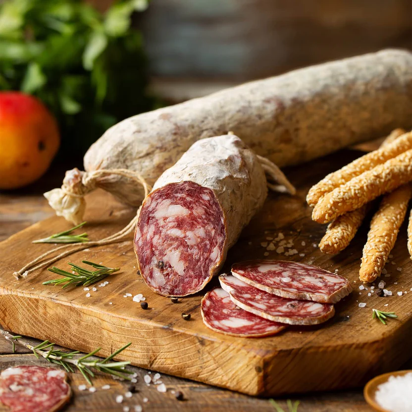 Assorted cured meats, including salami and a large sausage, on a wooden cutting board surrounded by herbs, salt, cracked black pepper, breadsticks, and an apple.