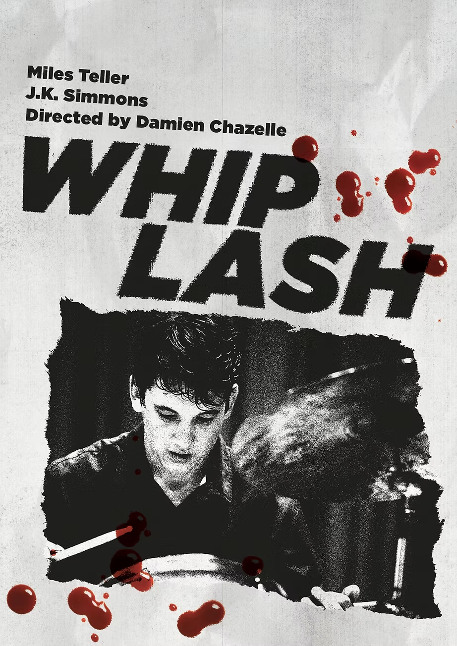 Whiplash (2014) poster featuring Miles Teller as Andrew Neimann. Small blood splatters are in the corners.