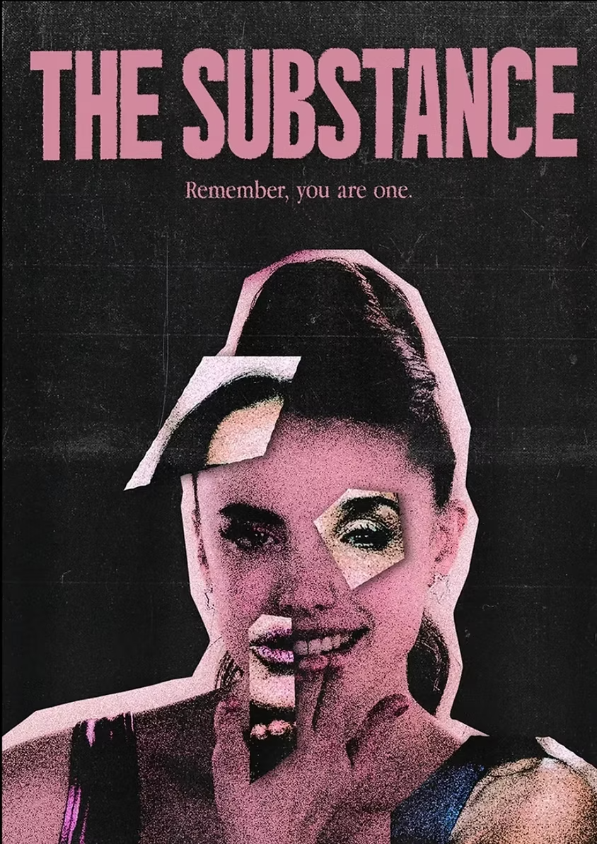 The Substance (2024) poster featuring Margaret Qualley as Sue collaged with Demi Moore as Elizabeth.