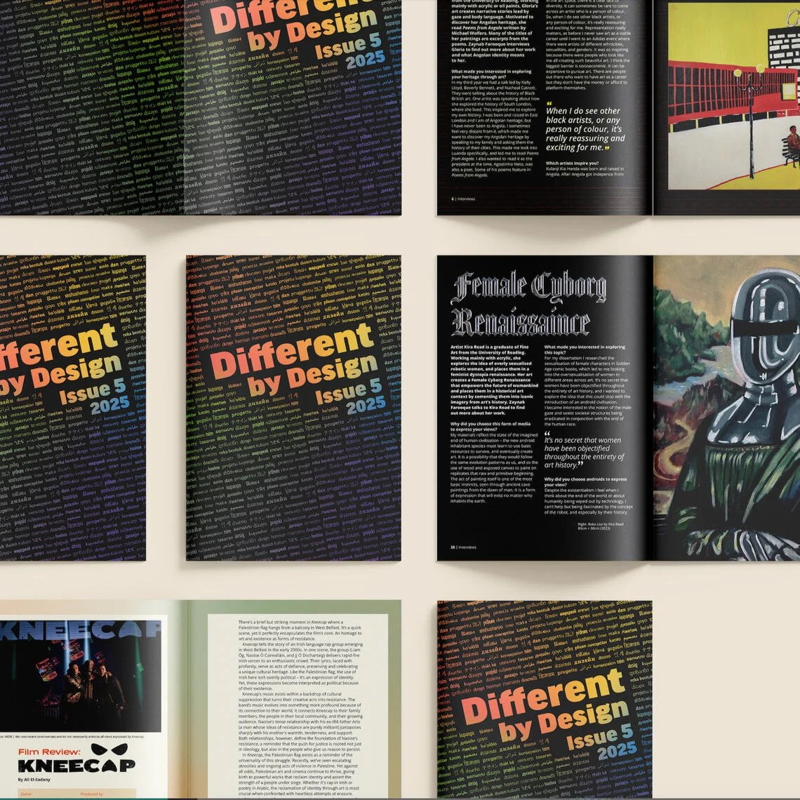 A collection of magazine and book pages with various colorful and black backgrounds, featuring textual articles, headlines, and images on design and cultural topics.