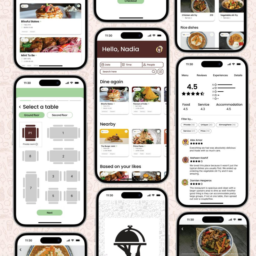 Collection of mobile screens displaying a restaurant app interface for ordering food, including elements like menu categories, table selection, reviews, and ordering options.