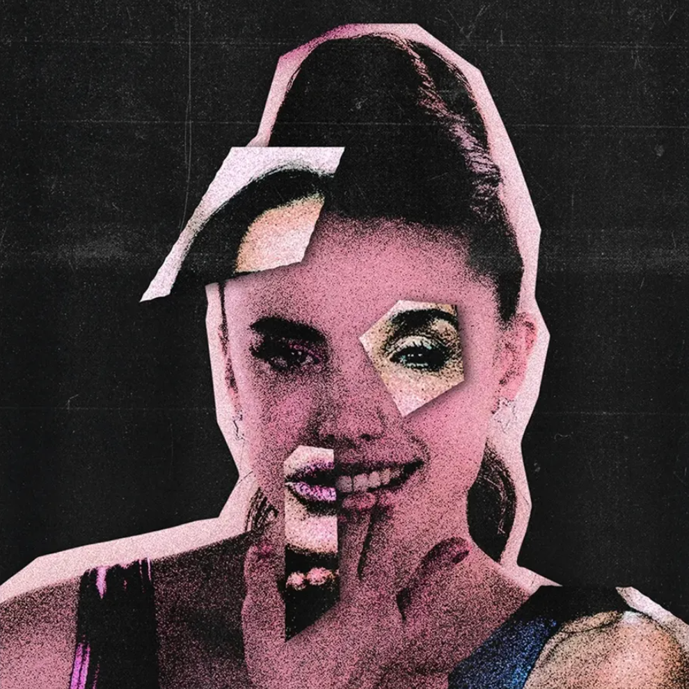 Pop art style collage of a woman with dark hair, smiling and touching her lips, with pink and black tones.