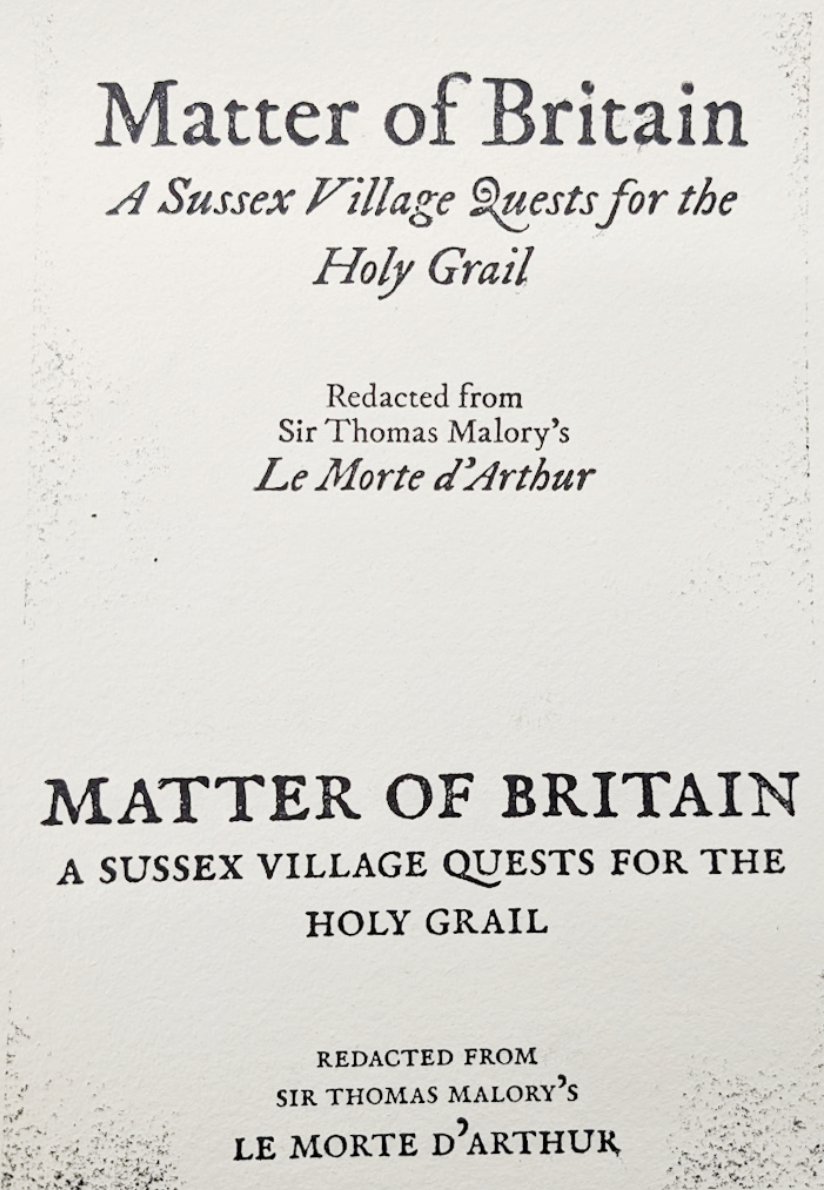Book cover titled "Matter of Britain: A Sussex Village Quest for the Holy Grail," redacted from Sir Thomas Malory's "Le Morte d'Arthur."