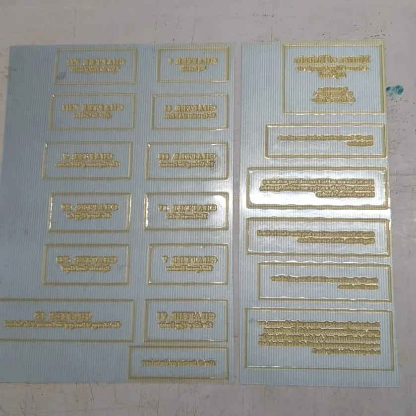 Sheet of gold foil stickers with script font, some stickers upside down, designed for labeling or decoration.