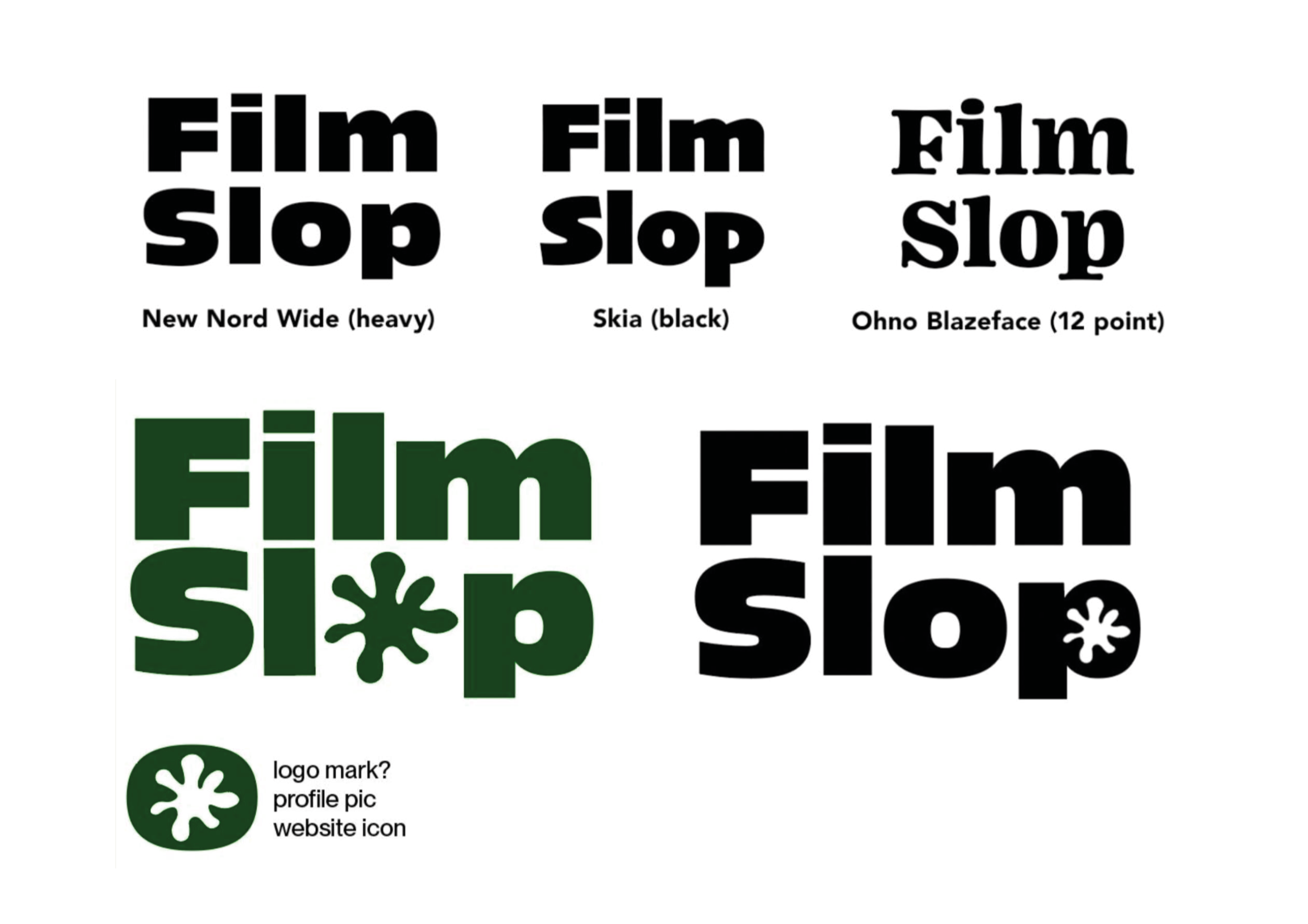 Comparison of different film slop logo styles with font names and descriptions, including a logo mark symbol in a circle.