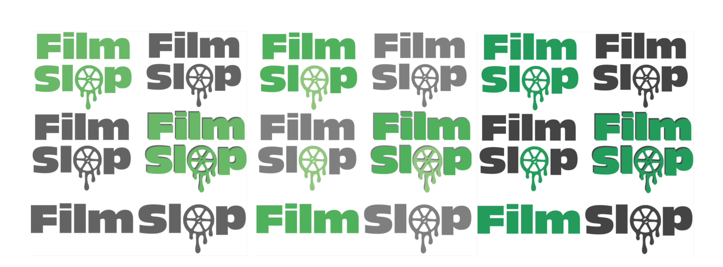 Repeated pattern of the words 'Film' and 'Slip' in green and black text, with a film reel icon dripping with black liquid between the words.