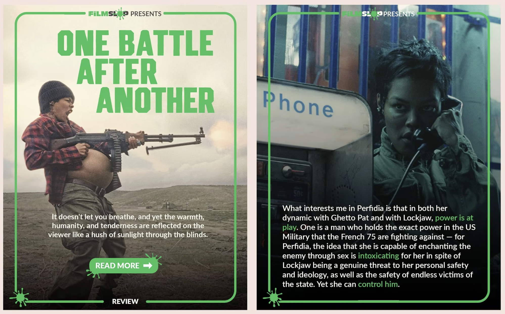 Split image showing a movie poster on the left and a woman on a payphone on the right. The poster has green text saying 'ONE BATTLE AFTER ANOTHER' over a scene of a young boy with a large gun. The woman on the right is using a payphone inside a bus or train, with a serious expression.
