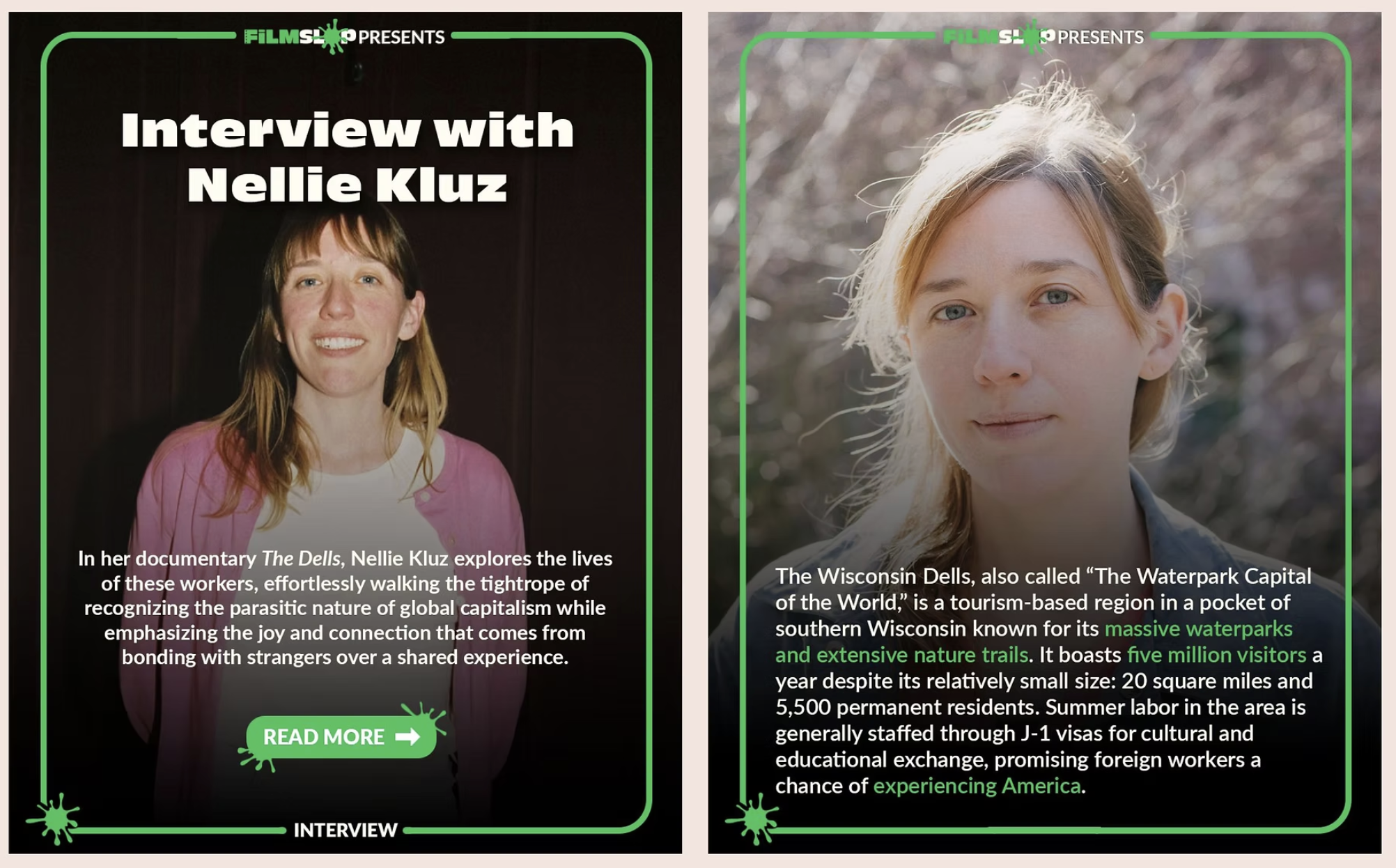 Digital posters for an interview with Nellie Kluz. The first poster features a woman with long straight hair, wearing a pink cardigan over a white shirt, smiling, and has the title 'Interview with Nellie Kluz' at the top. The second poster shows a close-up of a young woman with blonde hair, outdoors in a natural setting, with text describing the Wisconsin Dells, also called 'The Waterpark Capital of the World,' mentioning its tourism, waterparks, and nature trails.