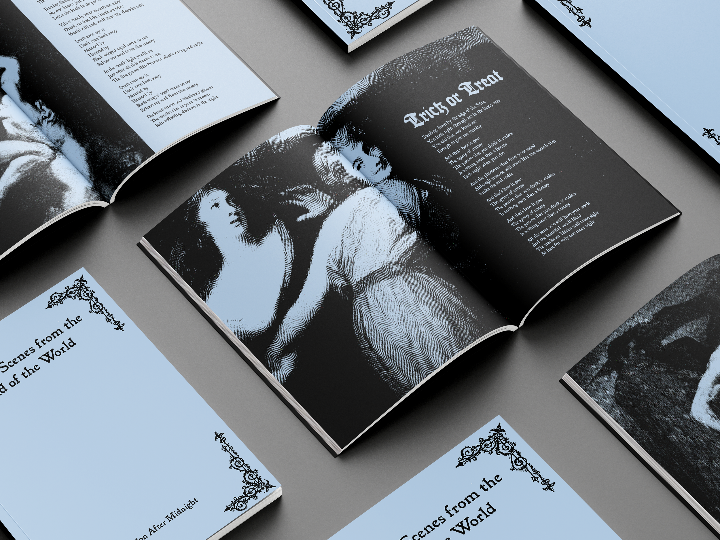 Open book with black and white illustration of a girl with long hair and a dress, titled 'Dirt or Treat'. Surrounding books with text and images, some featuring gothic decoration and scenes with people.