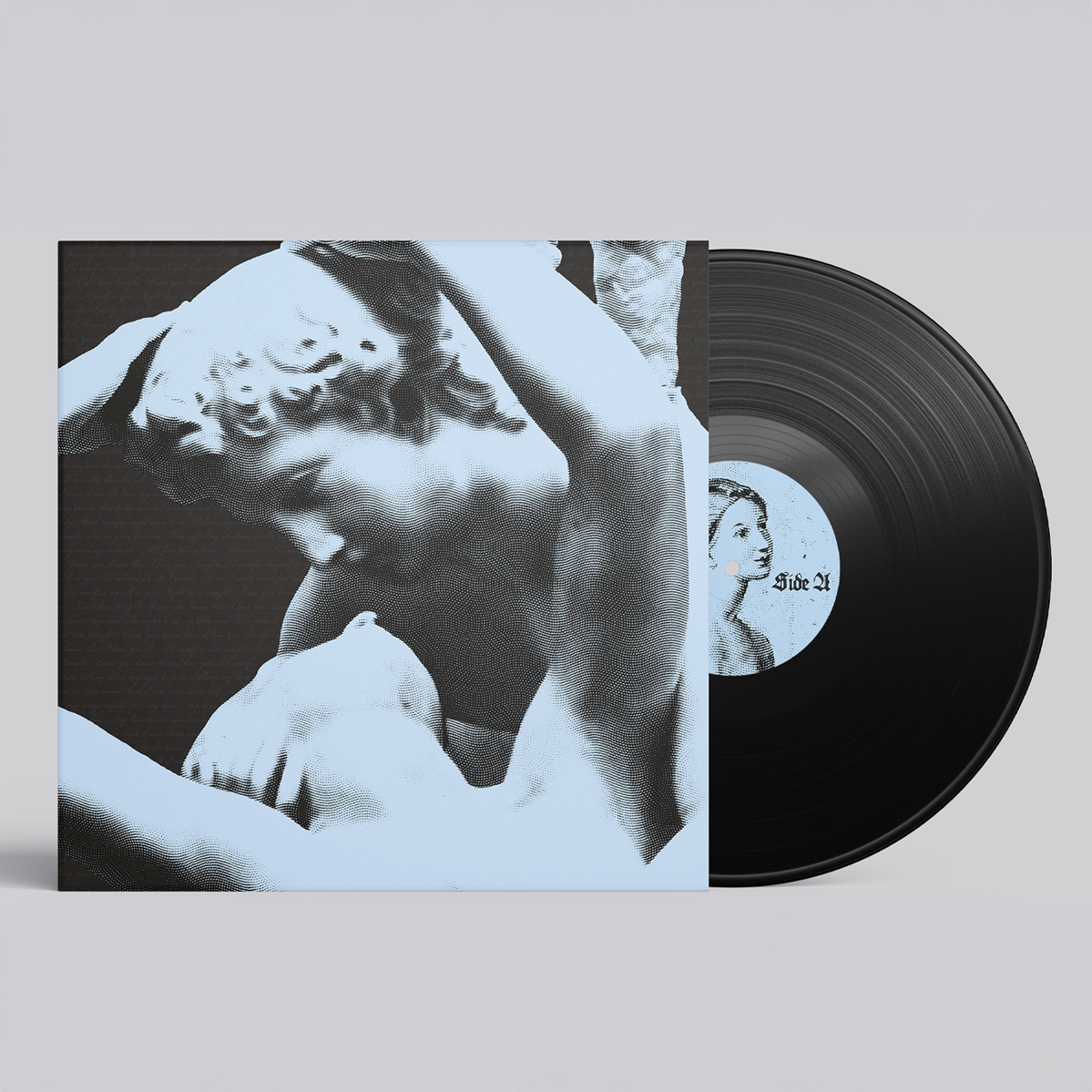 Black vinyl record with a cover featuring a stylized, halftone image of a sculpture of a woman with her arms raised, and a small portrait of a woman on the label.
