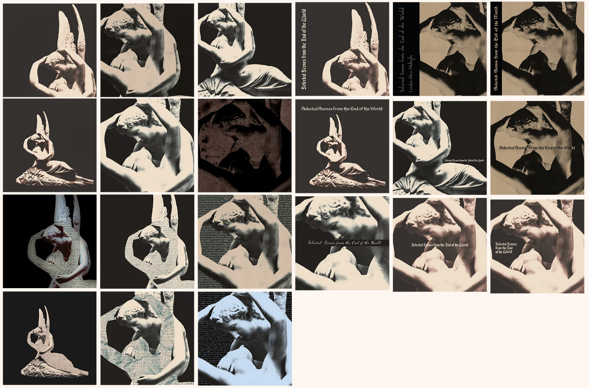 Collage featuring multiple images of a classical sculpture of a woman with one arm over her head, in various artistic styles and color filters, with the text "Selected Scenes from the End of the World" present in some images.