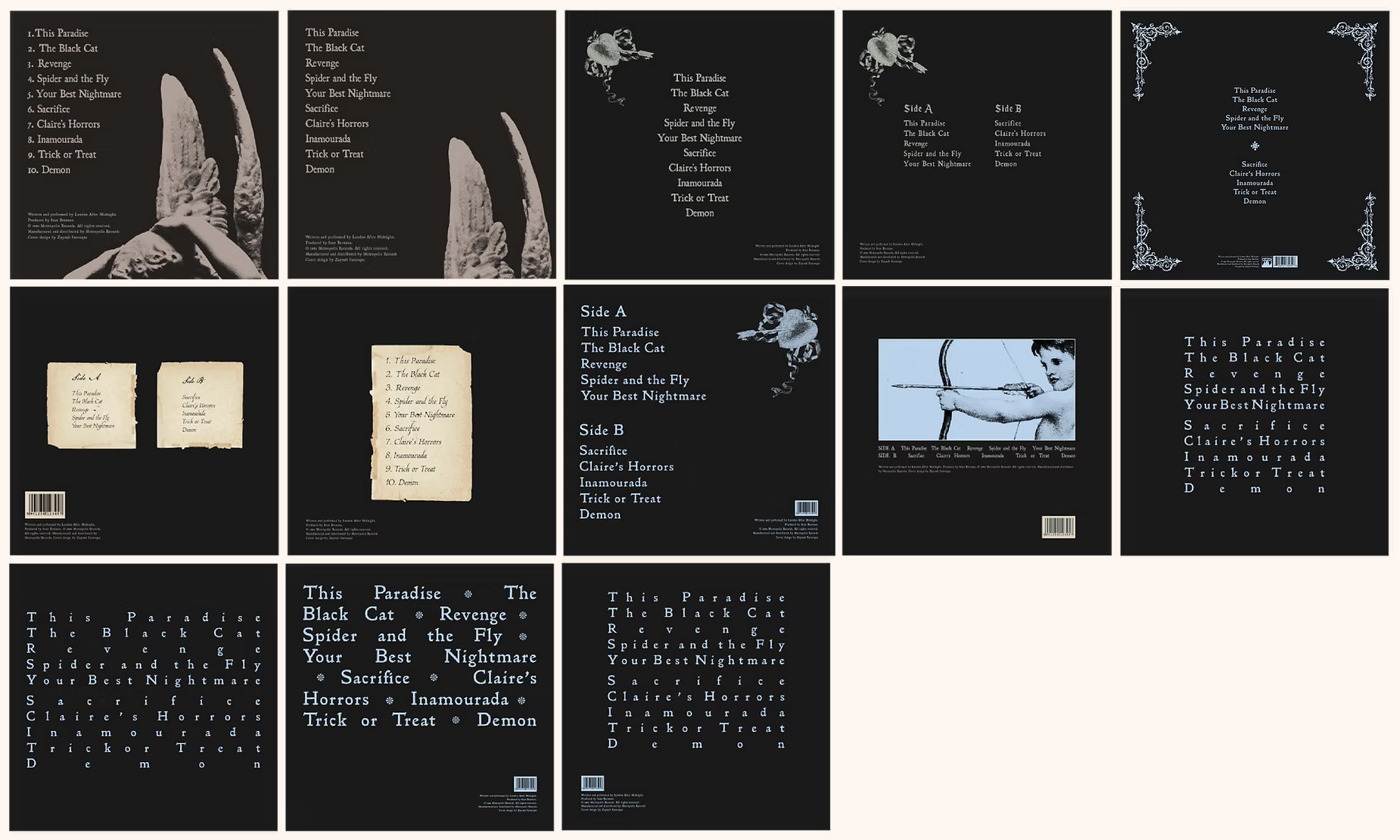 Collection of images showing album covers and tracklists for a vinyl record titled "This Paradise The Black Cat Revenge Spider and the Fly Your Best Nightmare Sacrifice Claire's Horrors Inamourada Trick or Treat Demon." The covers feature dark backgrounds with white or light-colored text, including images of hands and a person aiming a bow and arrow.