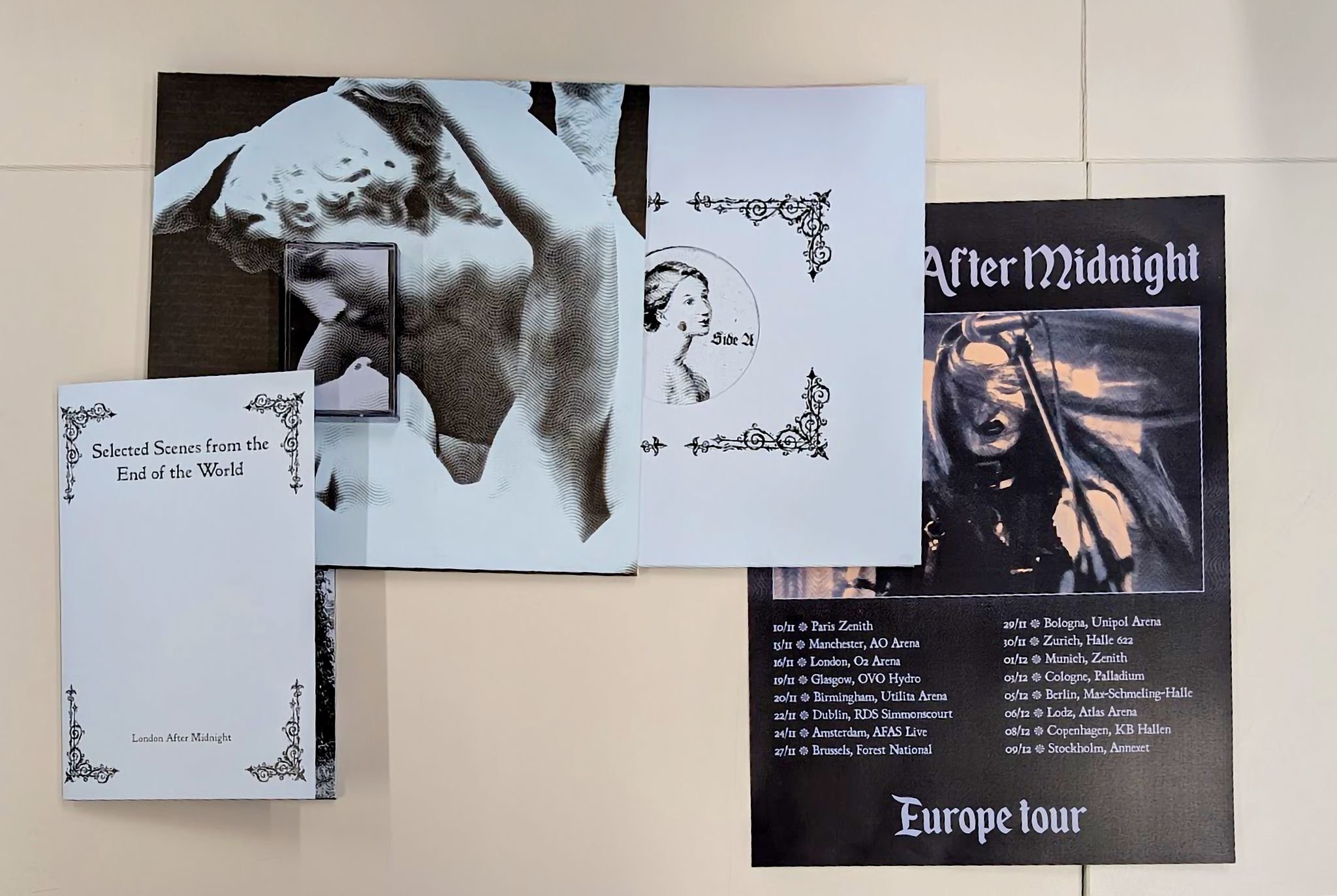 Tour posters and flyers for a European concert series titled "After Midnight" featuring a black and white illustration of a horse and a woman. The posters list dates and locations of the tour.