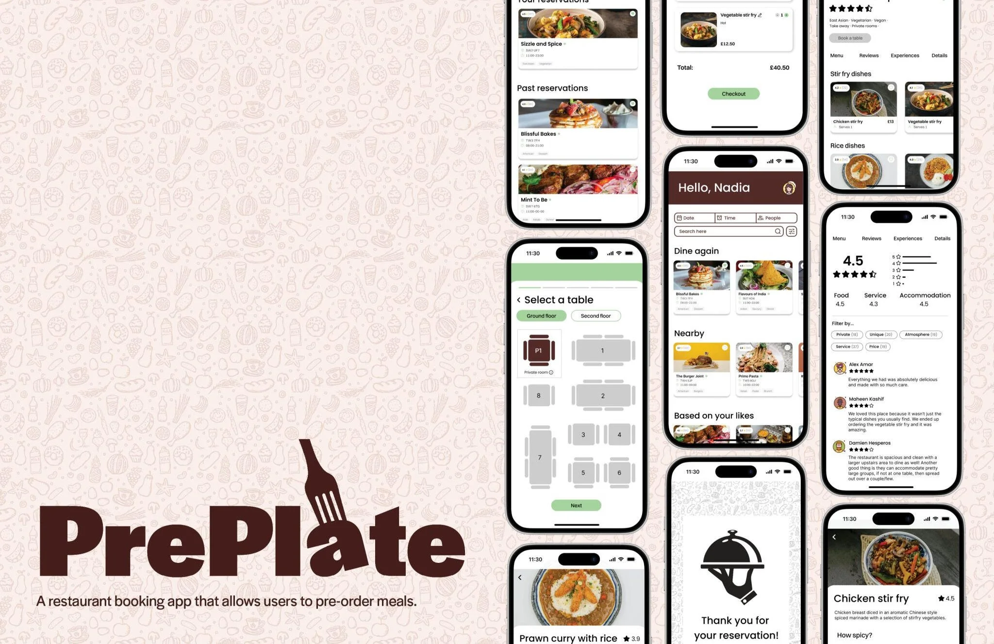 Collection of smartphone screens showing a restaurant booking app interface with features like menu browsing, reservations, table selection, and reviews.
