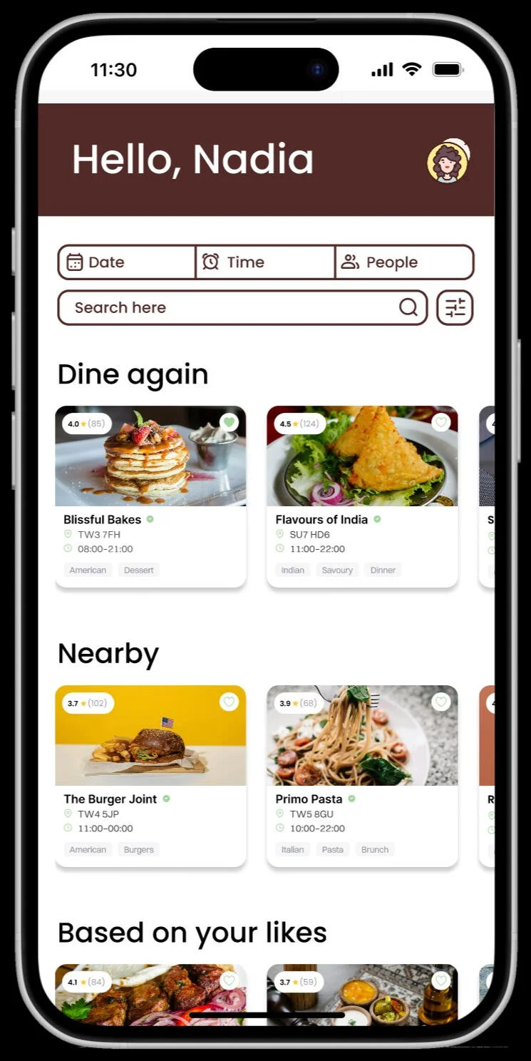 Mobile app screen showing restaurant options, including pancakes, Indian food, burgers, and pasta for dine-in and nearby options, with user greeting Nadia at the top.