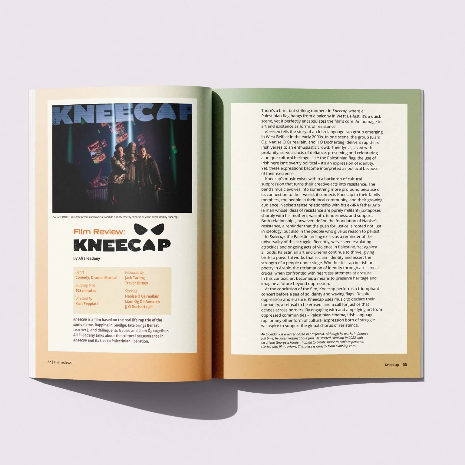 Open magazine featuring a film review of 'KNEECAP' with a photo of two performers on stage against a dark background with colorful lights, and pages with text and a small orange box listing film details.