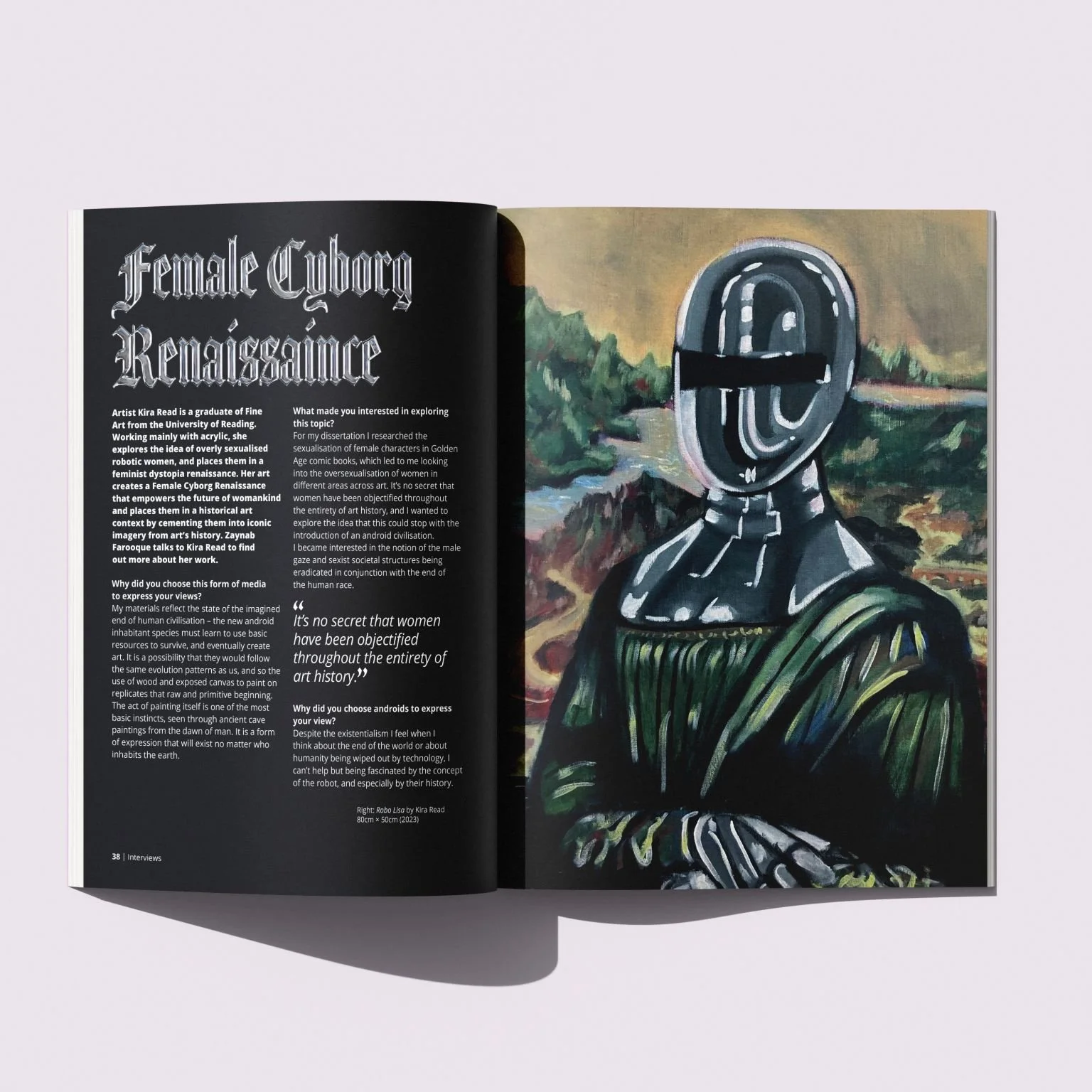 An open magazine featuring an article titled 'Female Cyborg Renaissance' on the left page with text and a painting of a female cyborg on the right page.