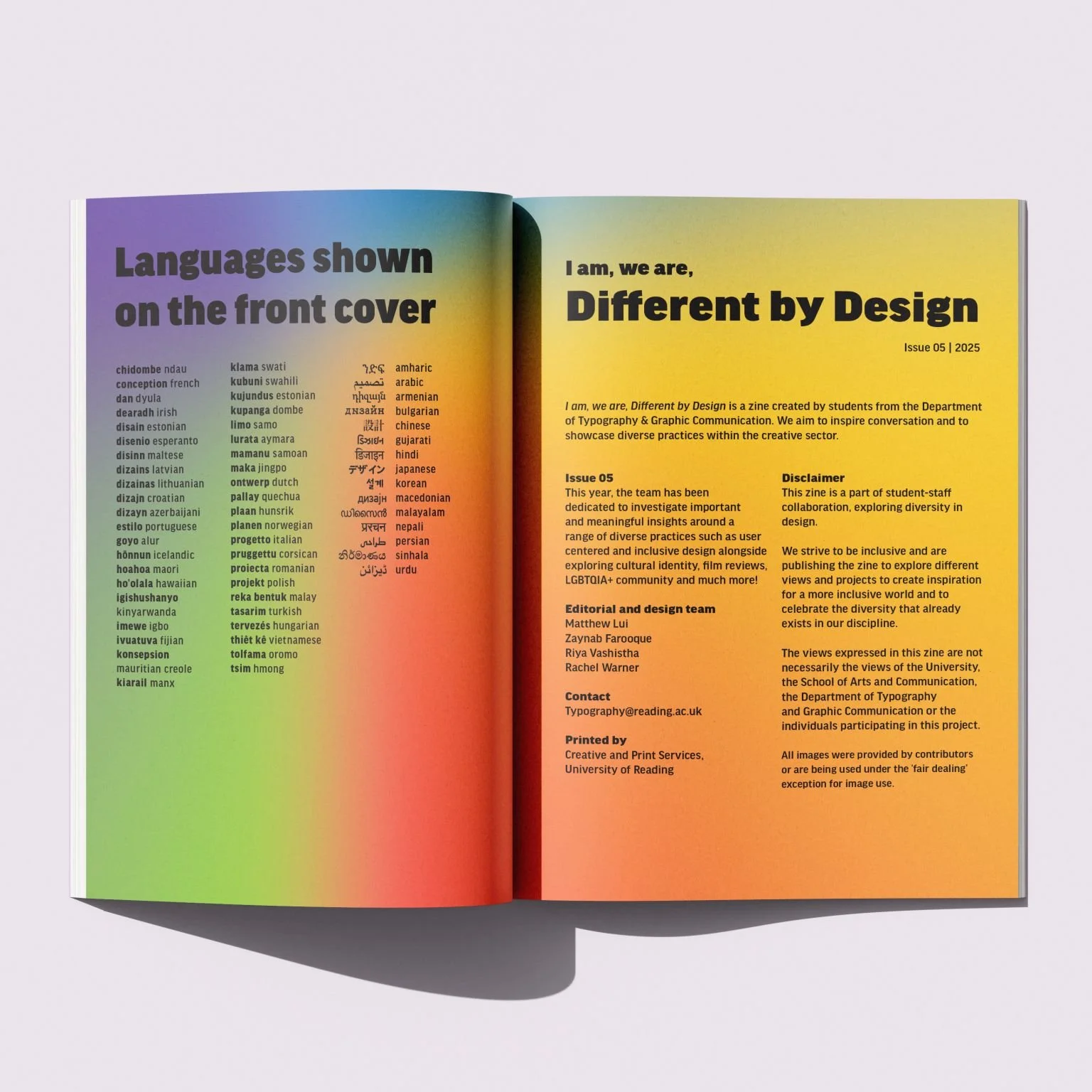 Open magazine with colorful gradient background pages, featuring text about languages, design project, and magazine team.