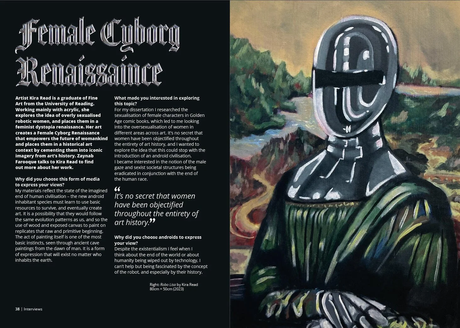 A digital artwork of a humanoid figure with a robotic head, painted with expressive brushstrokes, standing against a landscape with a river and greenery in the background.