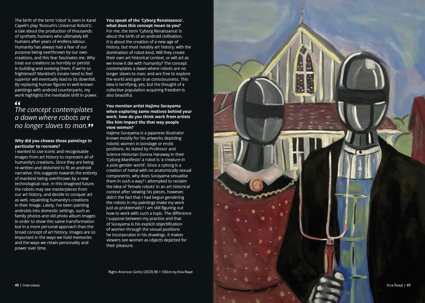 A painting of a gothic church with a red roof, surrounded by greenery, with two android-like figures in the foreground, one with a black head and body, and the other with a blue body and a cylindrical head, standing side by side.