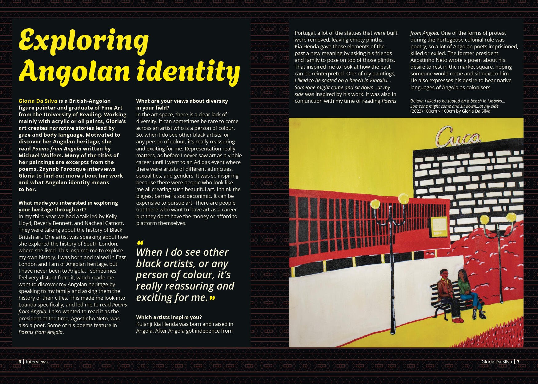 A colorful illustration of a park scene with a red fence, benches, on street lamps, and two people sitting on a bench, in front of a building with the word "Cuca" on it.