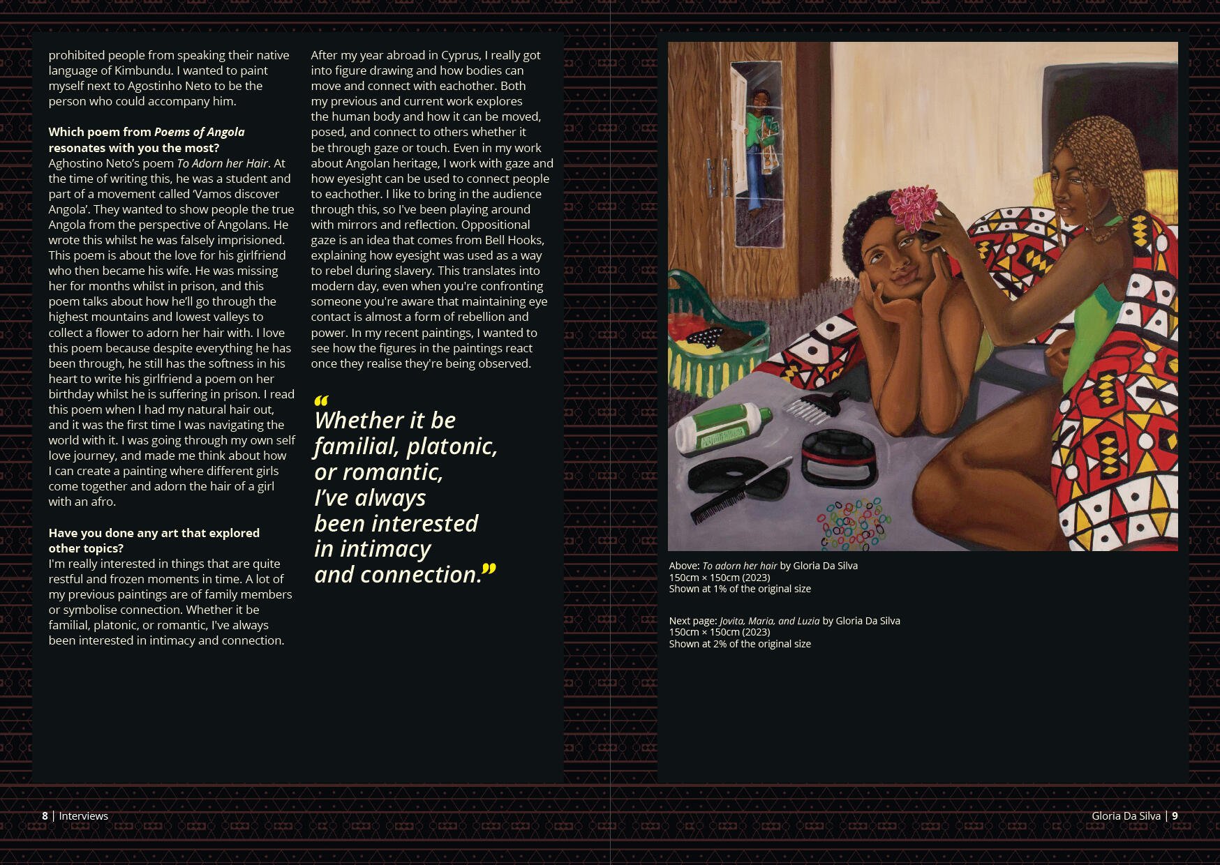 Painting of two women in a bedroom, one seated and the other braiding her hair, with makeup and accessories on the table beside them.