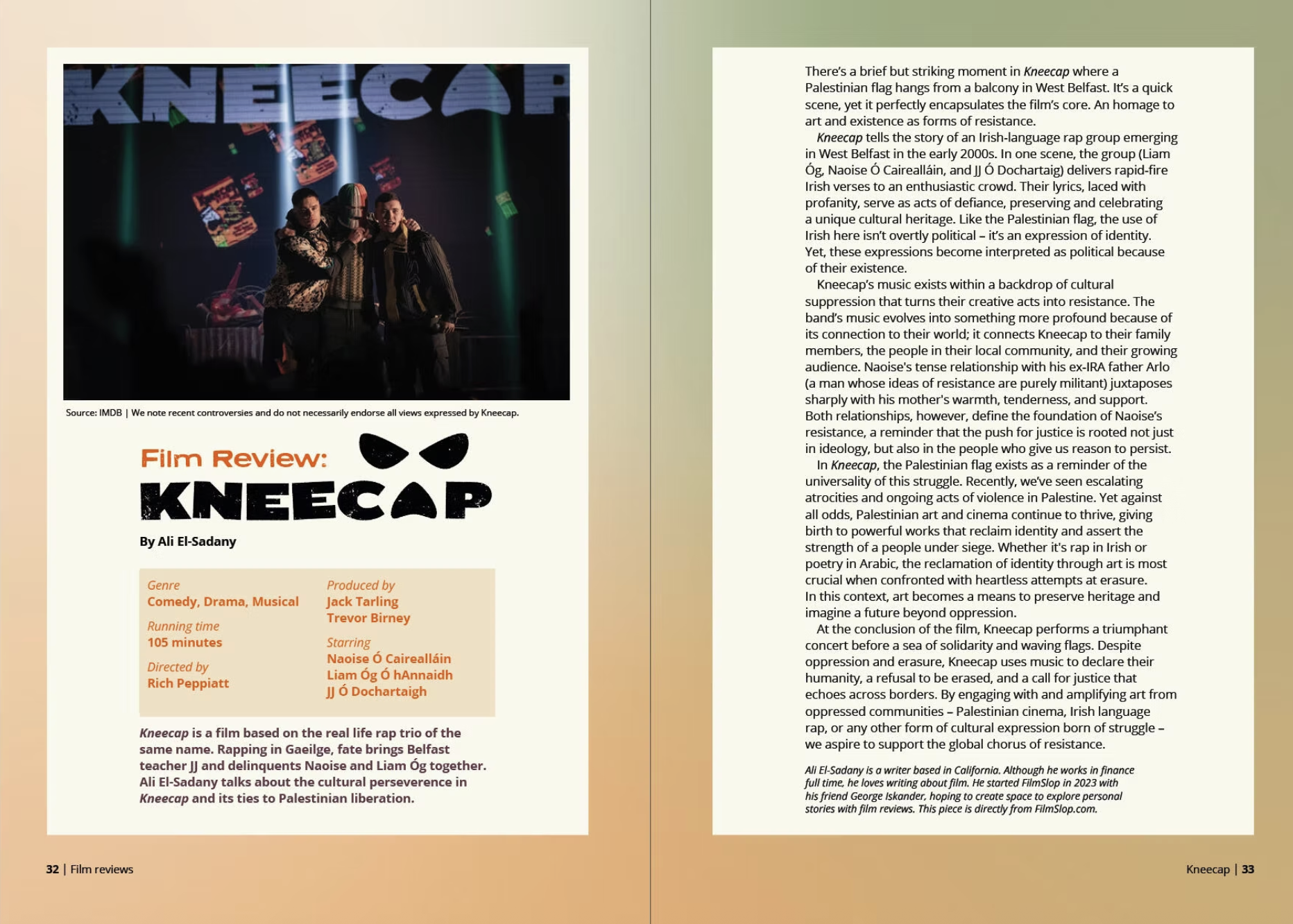 A film review page with a photograph of two men on stage, with the text "Film Review: KNEECAP" and additional film details, including the genre, producers, and cast.