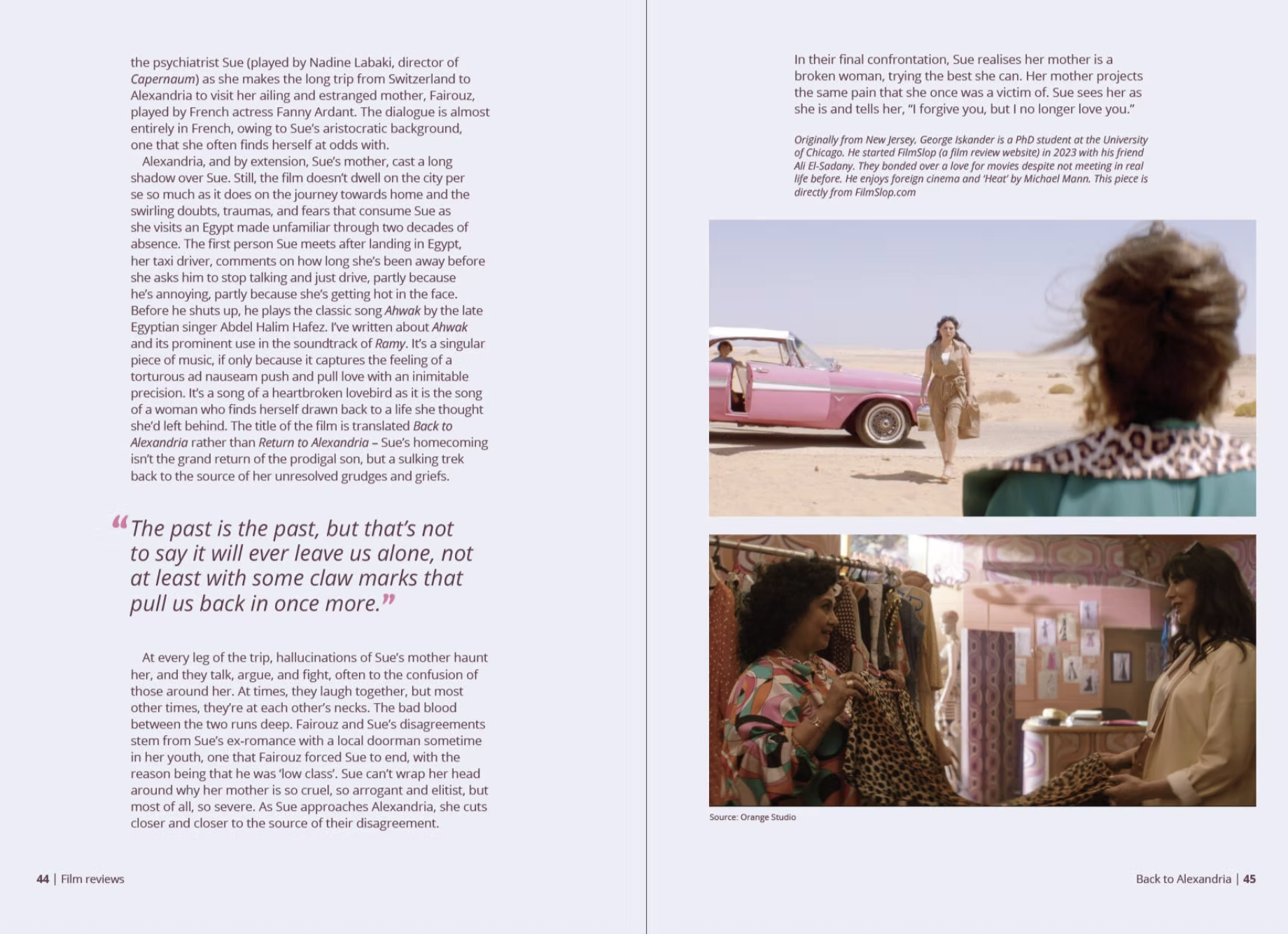 Page from a magazine or booklet with text on the left and two photographs on the right. The top photograph shows two women in a desert with a pink vintage car, one walking towards the camera, the other seated inside the car. The bottom photograph depicts two women shopping for clothes indoors, smiling at each other, with a pink patterned wall in the background.