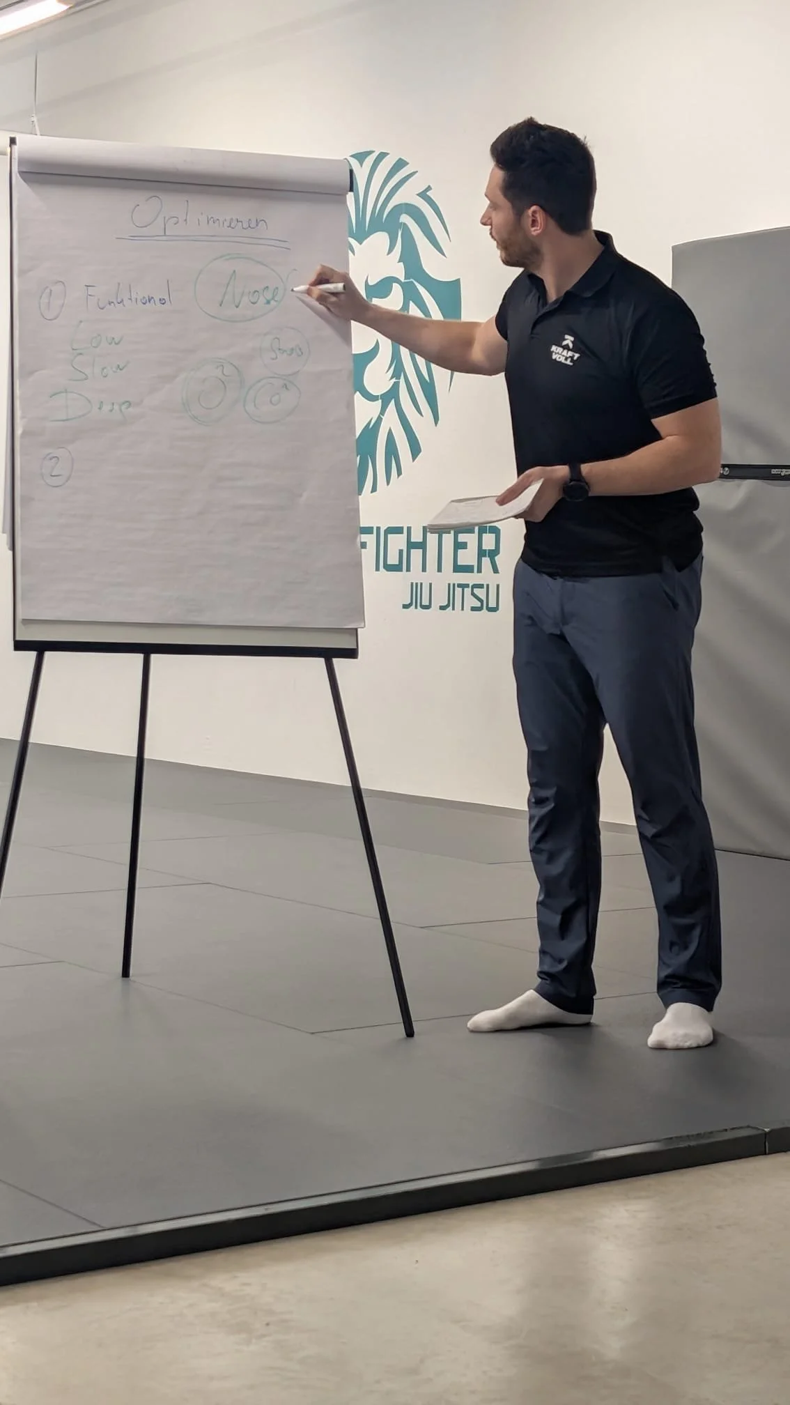 Ein Mann präsentiert eine Tafel mit handgeschriebenen Punkten, vermutlich in einem Fitnessstudio oder Trainingsraum, mit dem Schriftzug "Fighter Jiu Jitsu" im Hintergrund.