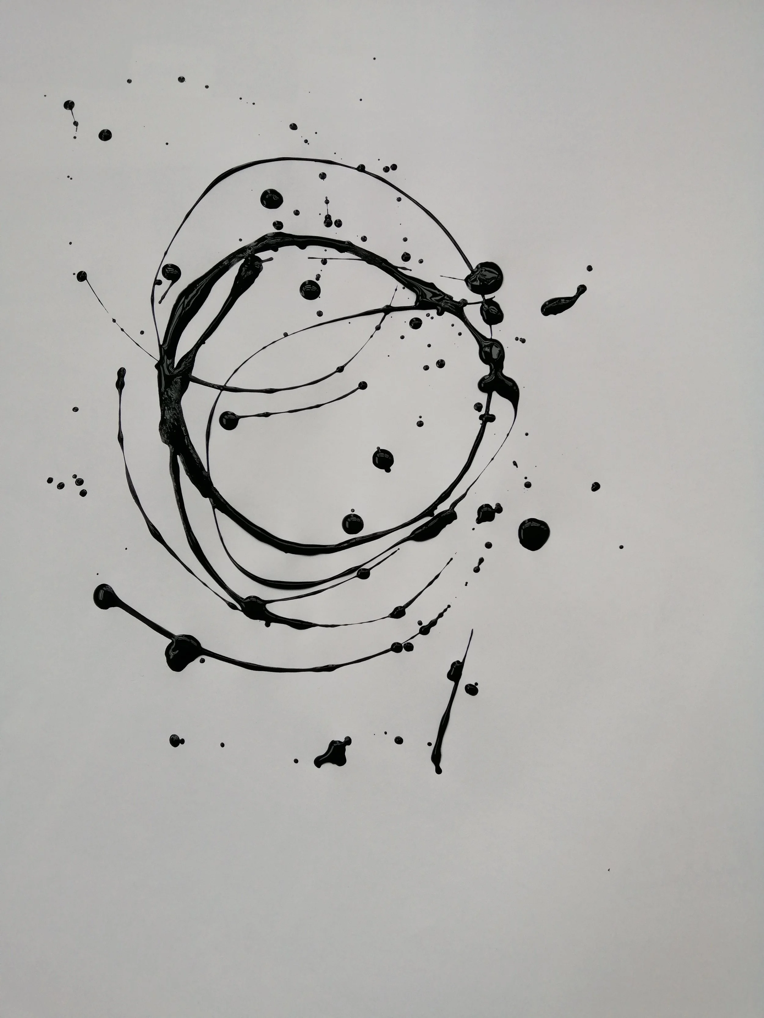 Experiment 1 - A3 - Thinned acrylic paint on paper - 2019. Exploring automatic gestural responses, for later examination of texture and composition to inform more selective work. 