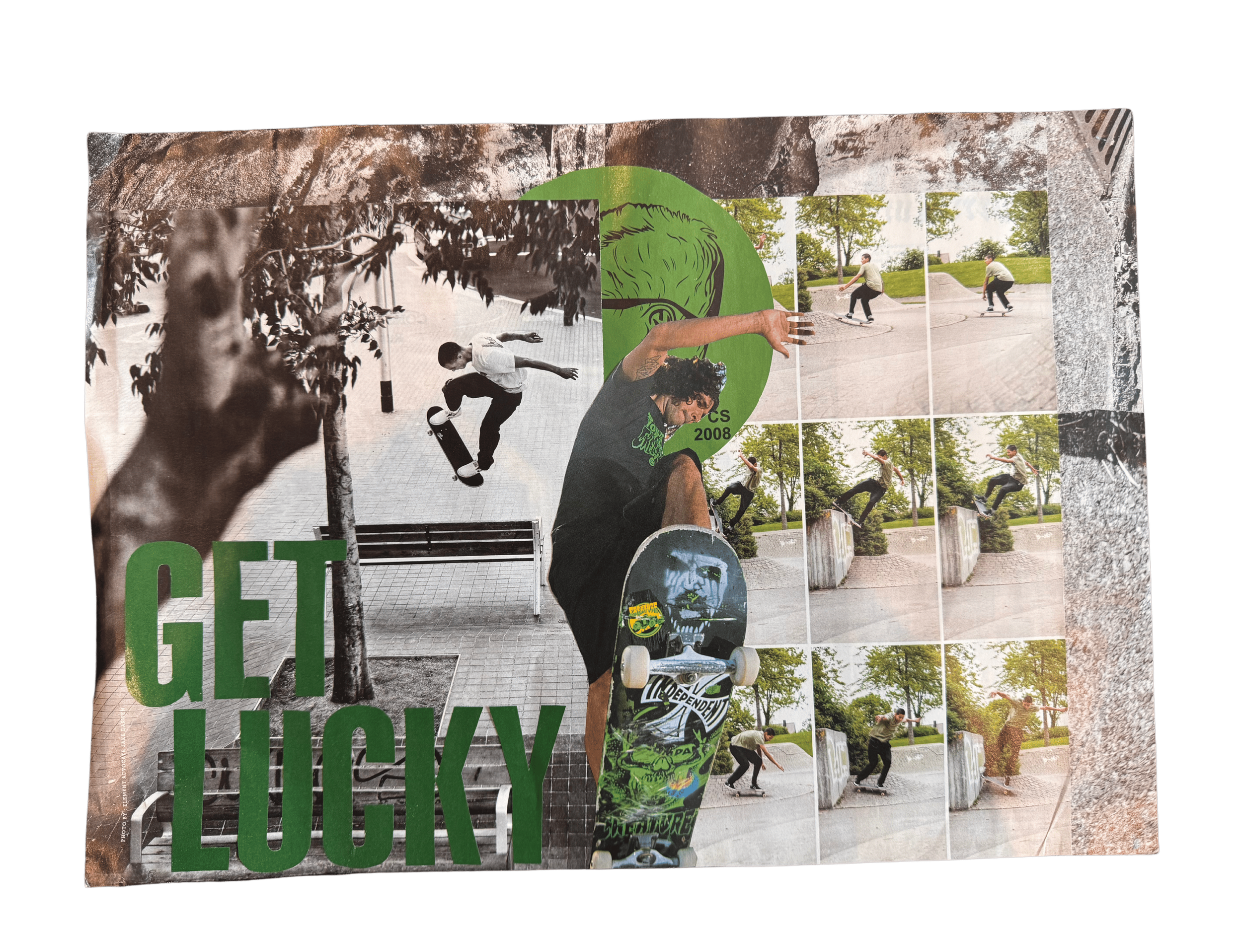 Get Lucky Skate Collage #1 (2023) — a mixed media collage made from elements from Thrasher Magazine, Vague Skate Mag, Free Skate Mag, Grey Skate Mag, Solo Skate Mag, and North Skate Mag. All magazine content © original publishers; used here transform