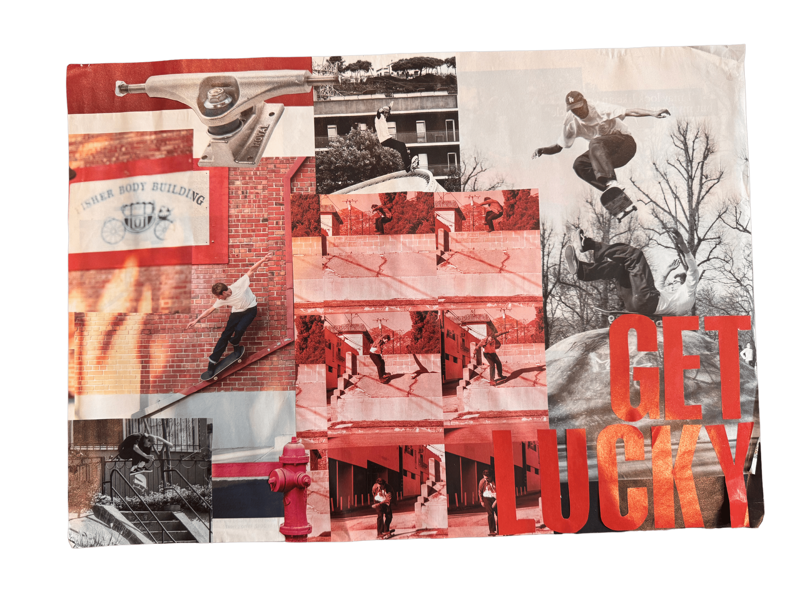 Get Lucky Skate Collage #2 (2023) — a mixed media collage made from elements from Thrasher Magazine, Vague Skate Mag, Free Skate Mag, Grey Skate Mag, Solo Skate Mag, and North Skate Mag. All magazine content © original publishers; used here transform