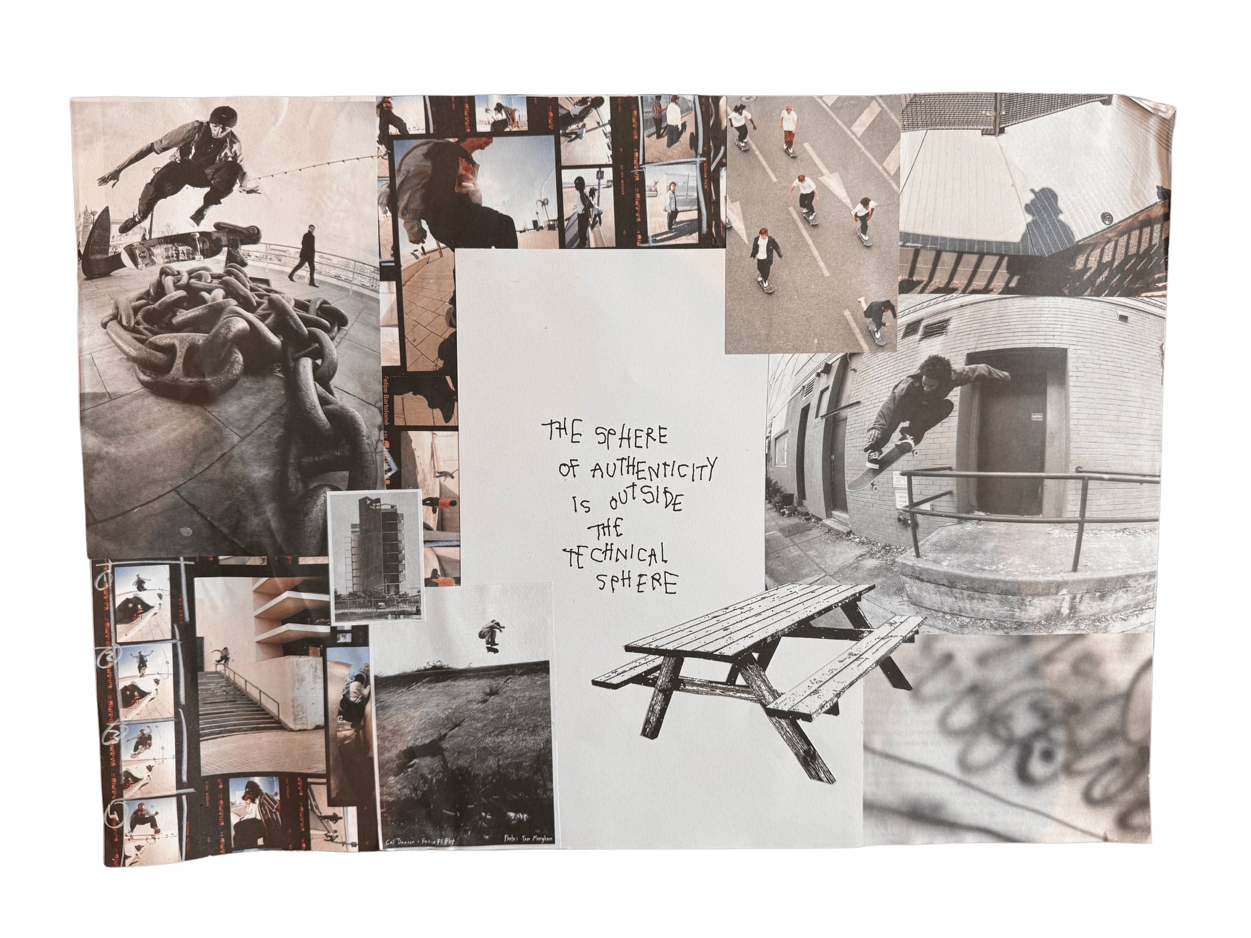 Skate Collage #1 (2023) — a mixed media collage made from elements from Thrasher Magazine, Vague Skate Mag, Free Skate Mag, Grey Skate Mag, Solo Skate Mag, and North Skate Mag. All magazine content © original publishers; used here transformatively in