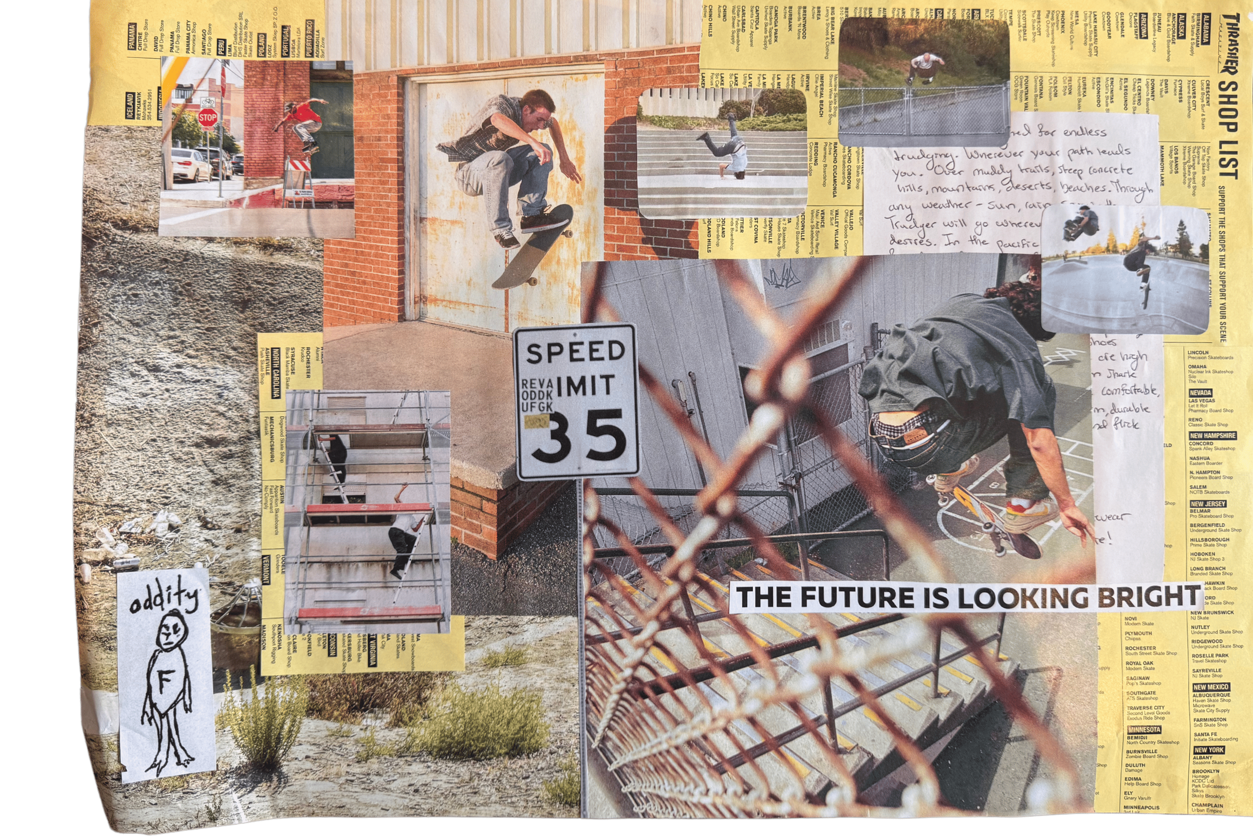 Skate Collage #2 (2023) — a mixed media collage made from elements from Thrasher Magazine, Vague Skate Mag, Free Skate Mag, Grey Skate Mag, Solo Skate Mag, and North Skate Mag. All magazine content © original publishers; used here transformatively in